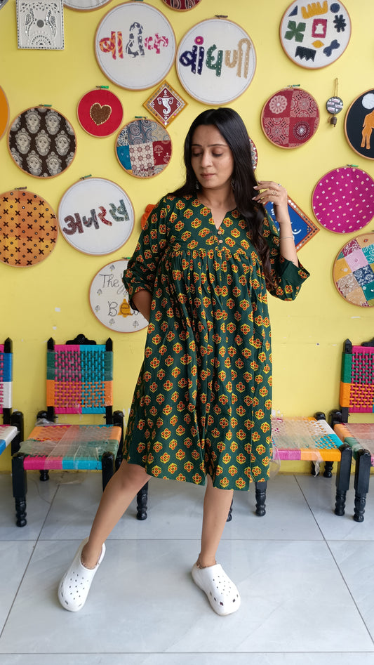 "Ridham" Green Semi Natural frock style short kurti