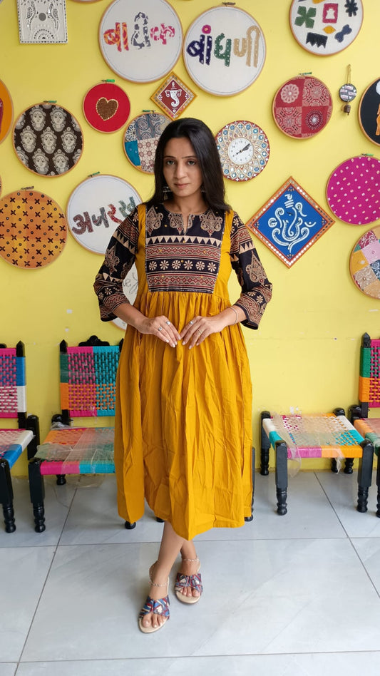 "Pratiti" Mustard  Plain cotton natural patch frock style kurti