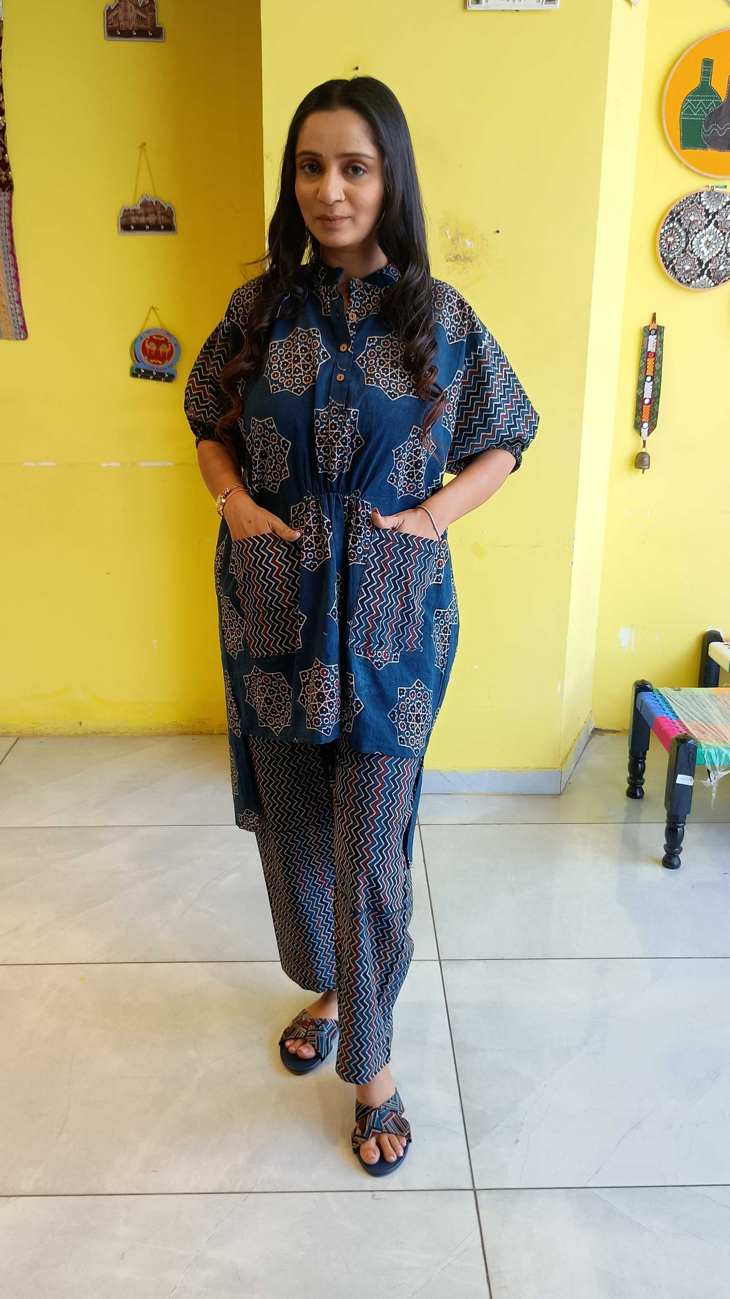 *Anisha* natural handblock cotton kimono sleeves co-ord set