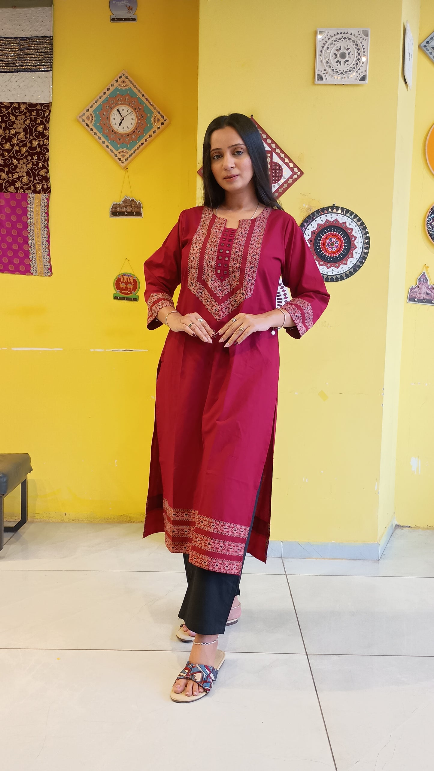 *Viha* Plain pure cotton mirror work long straight kurti