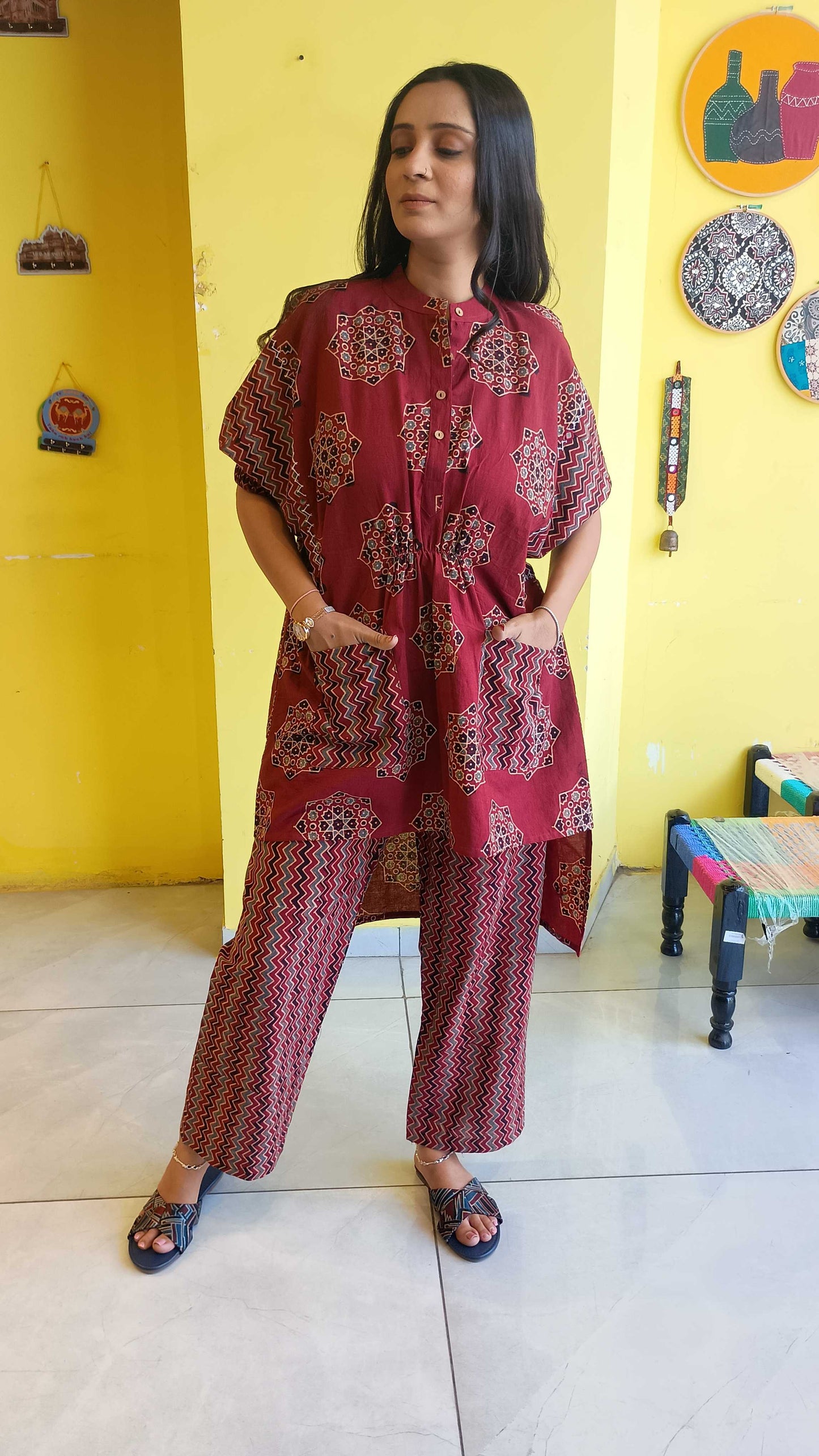 *Anisha*Maroon natural handblock cotton kimono sleeves co-ord set