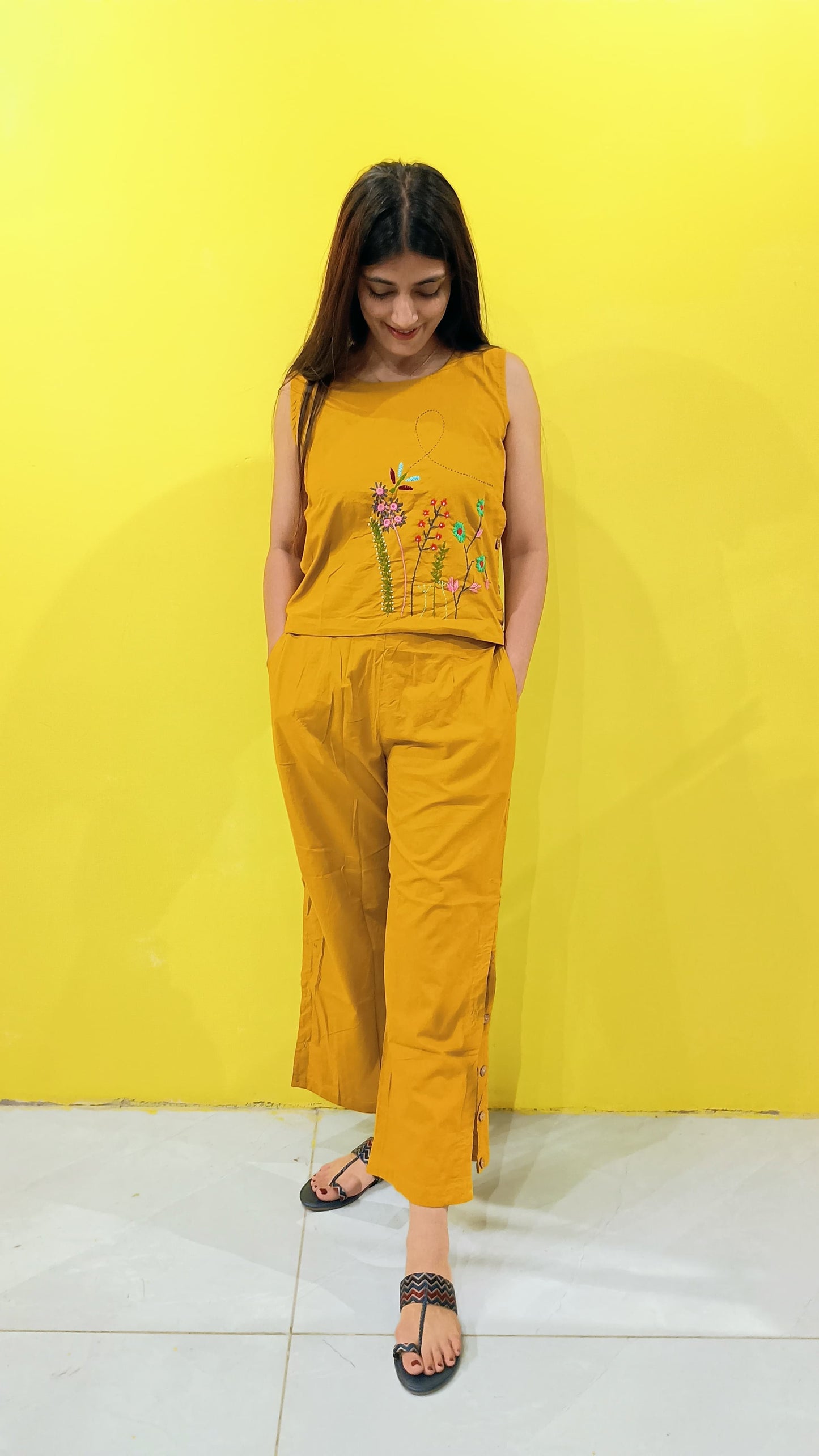 "Purvi"Plain cotton handwork co-ord set