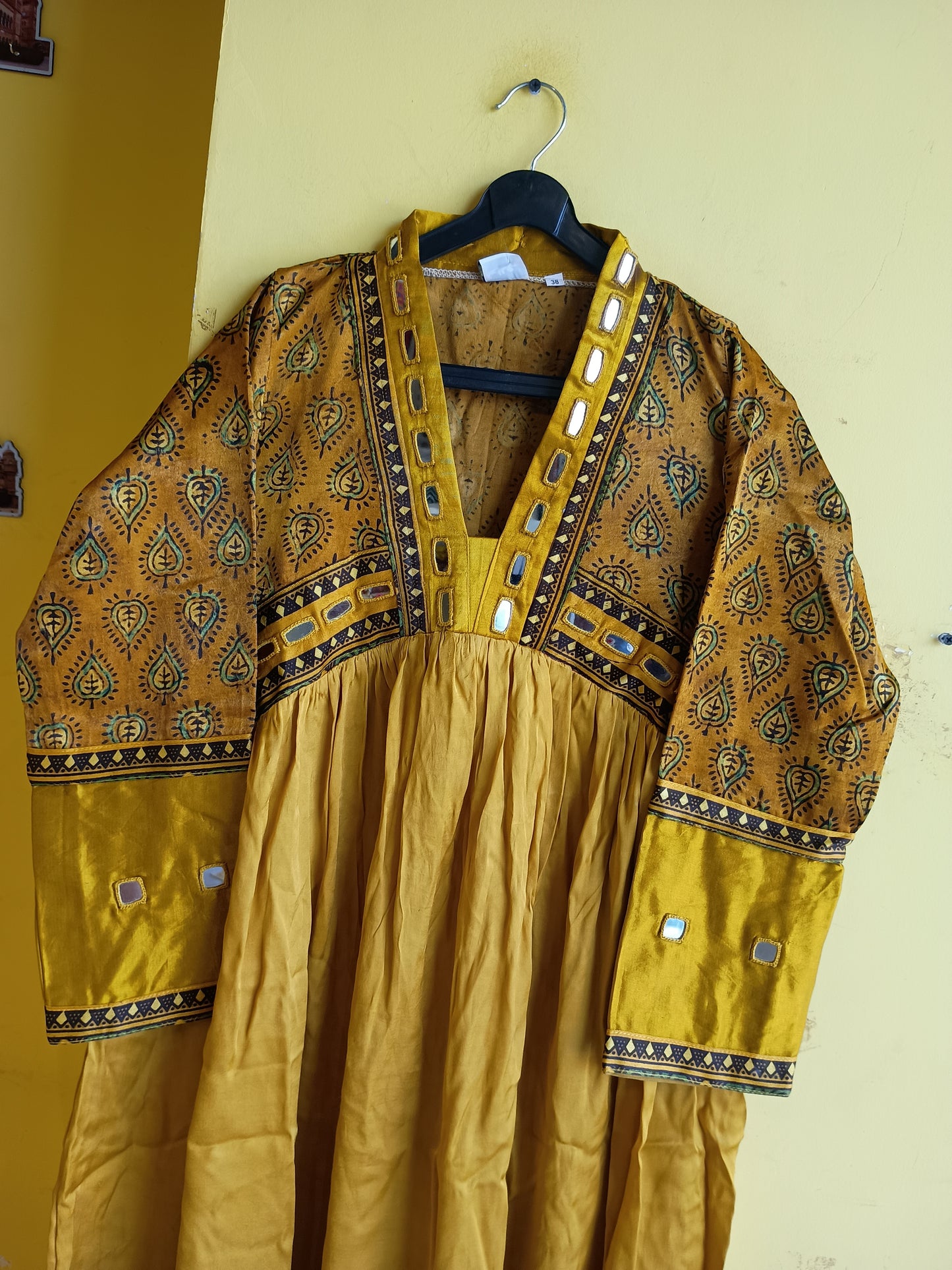 "Alia" yellow Mashroo with modal mirror work alia cut kurti