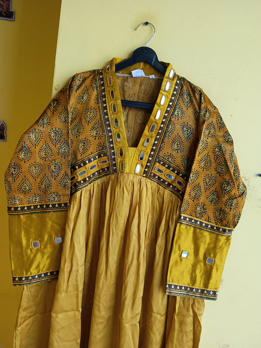 "Alia" yellow Mashroo with modal mirror work alia cut kurti