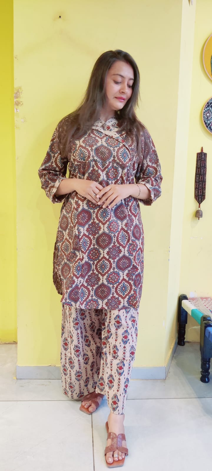 *Ashwini*off white natural handblock cotton kurti pant co-ord set