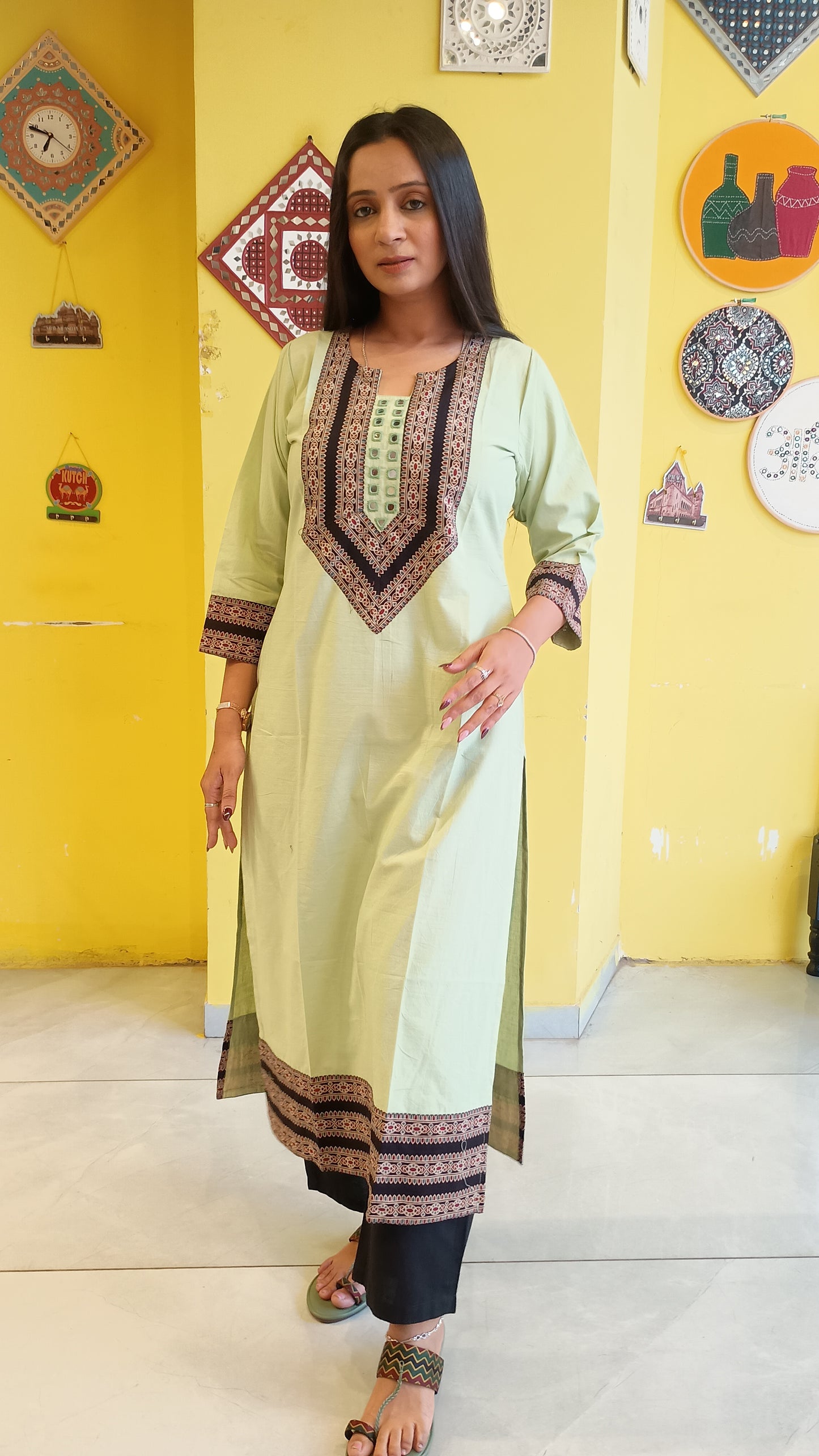 *Viha* Plain pure cotton mirror work long straight kurti