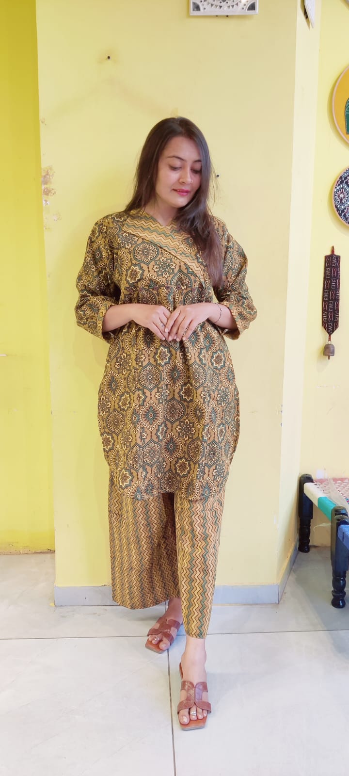*Ashwini*Yellow Natural handblock cotton kurti pant co-ord set
