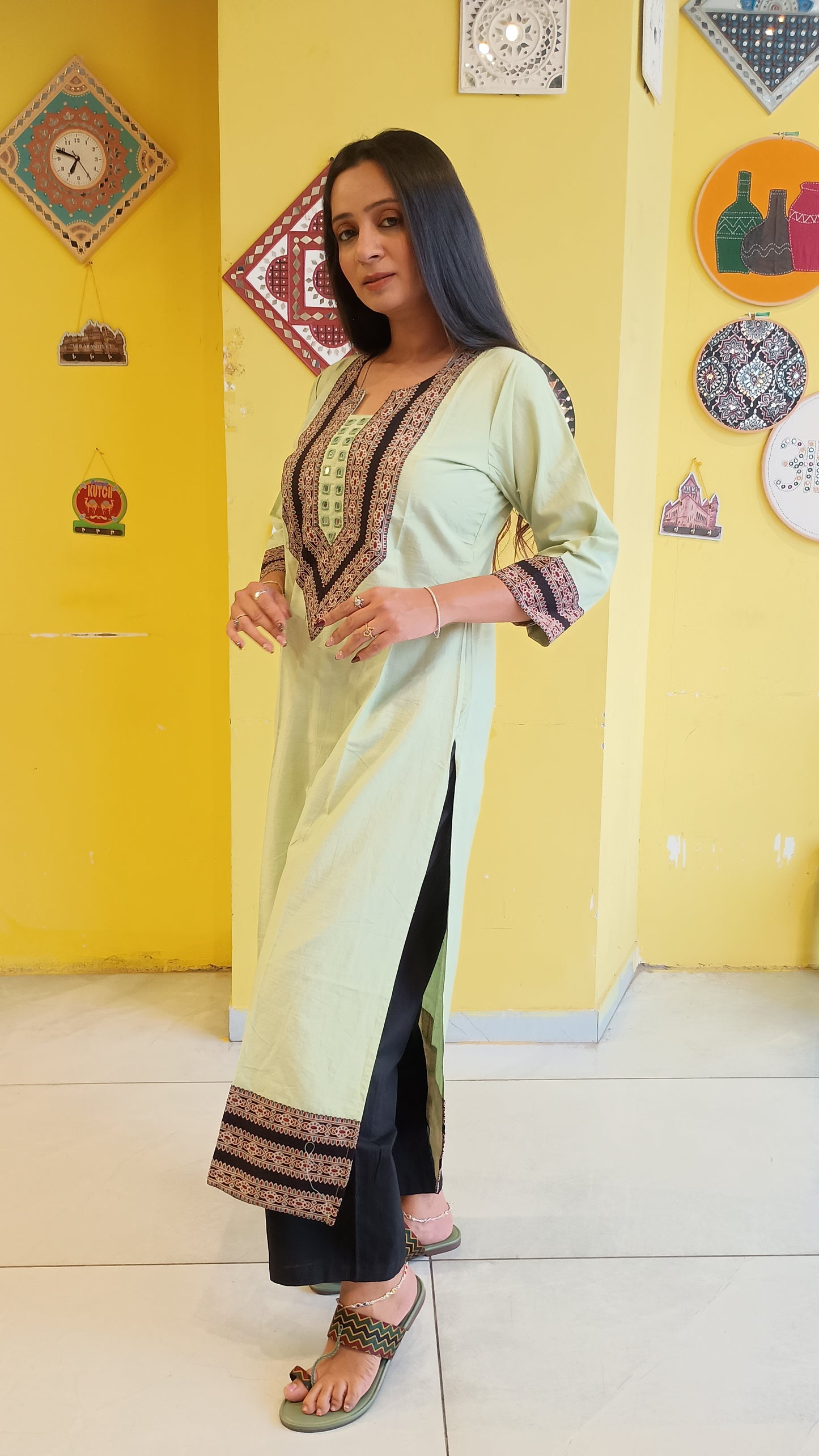 *Viha* Plain pure cotton mirror work long straight kurti