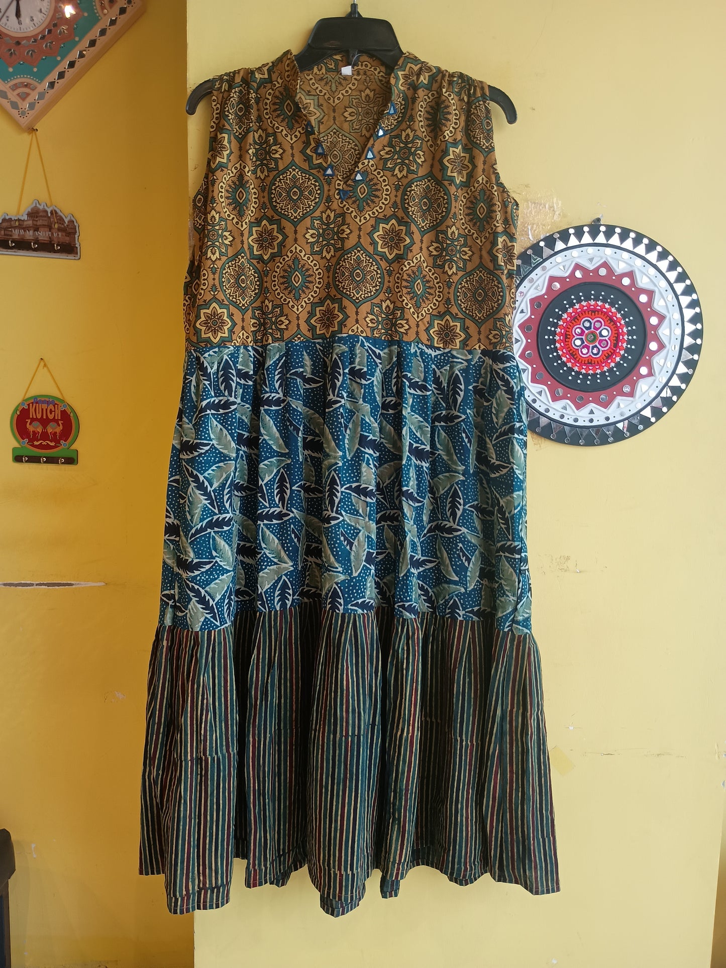 *Kriti* natural handblock frock style mirror work kurti