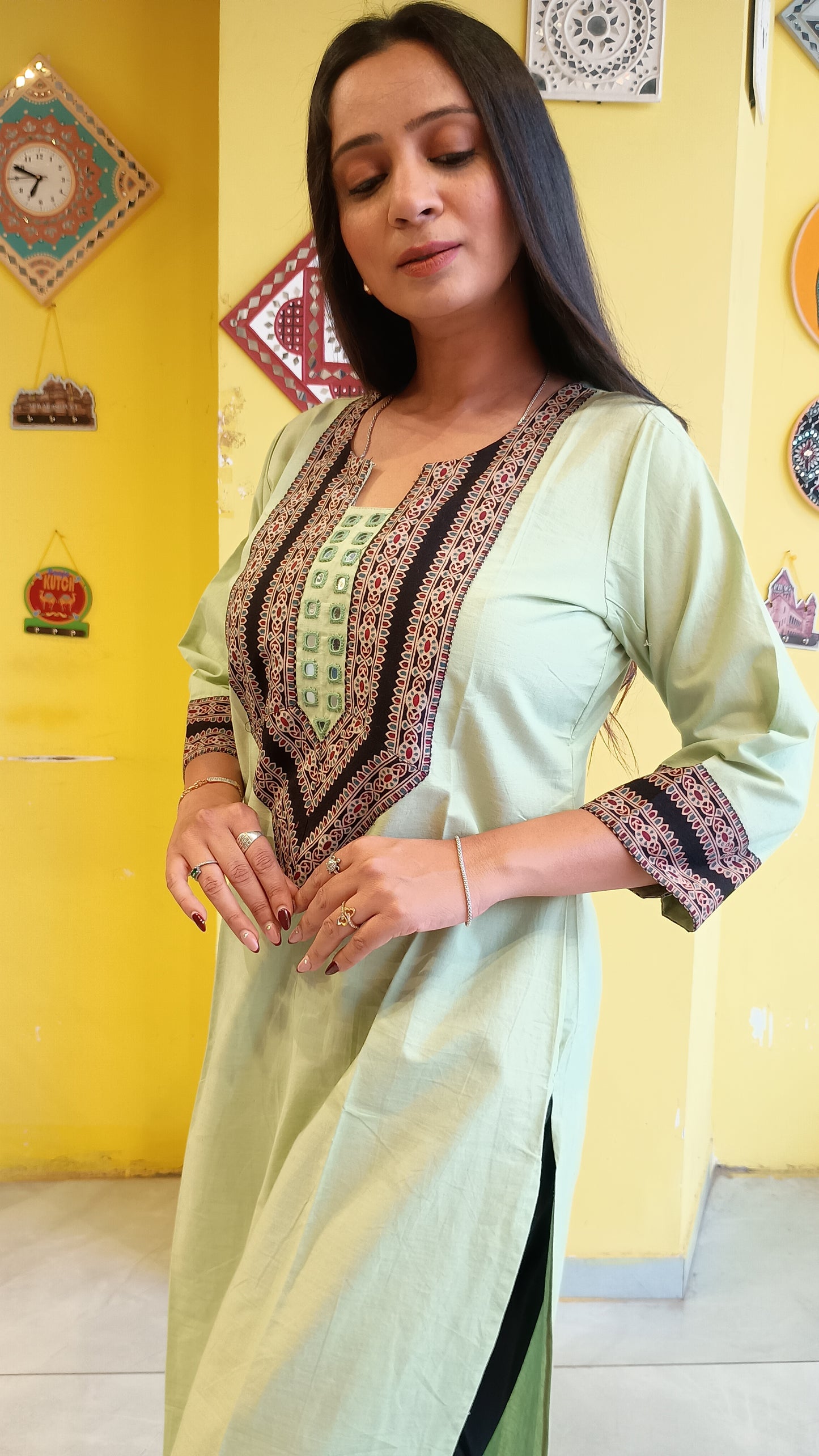 *Viha* Plain pure cotton mirror work long straight kurti