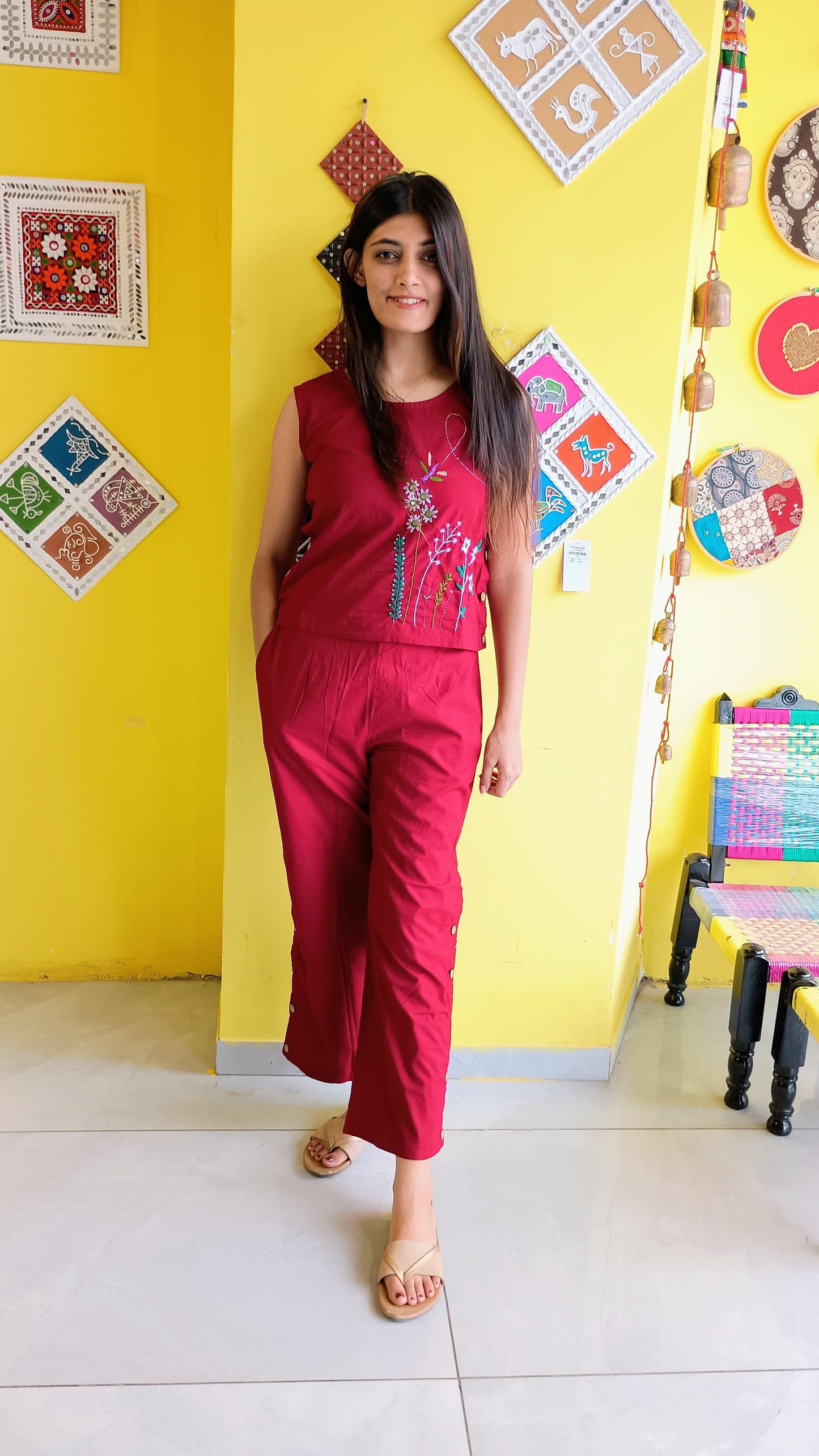 "purvi"Maroon Plain cotton handwork co-ord set