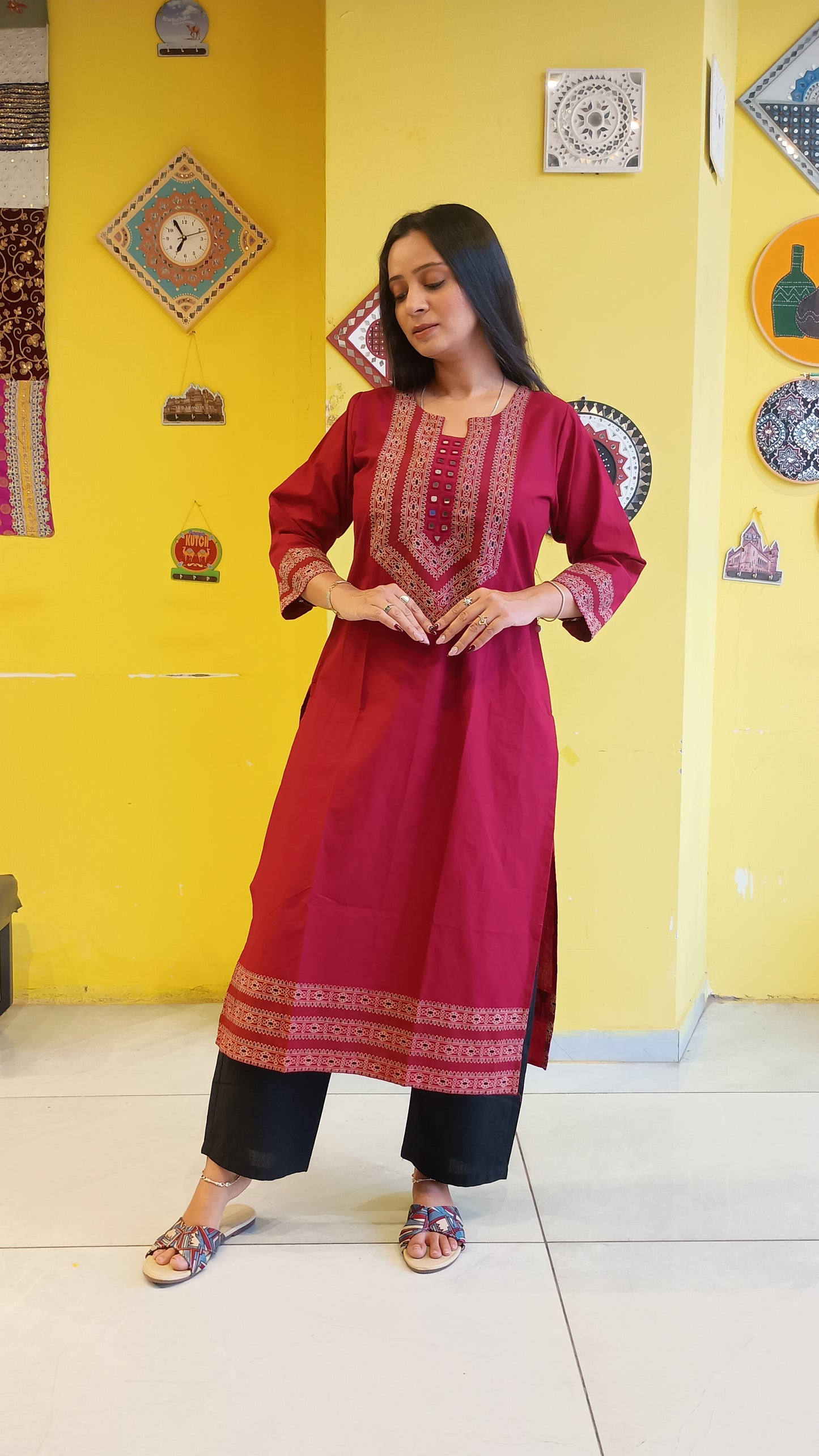 *Viha* Plain pure cotton mirror work long straight kurti