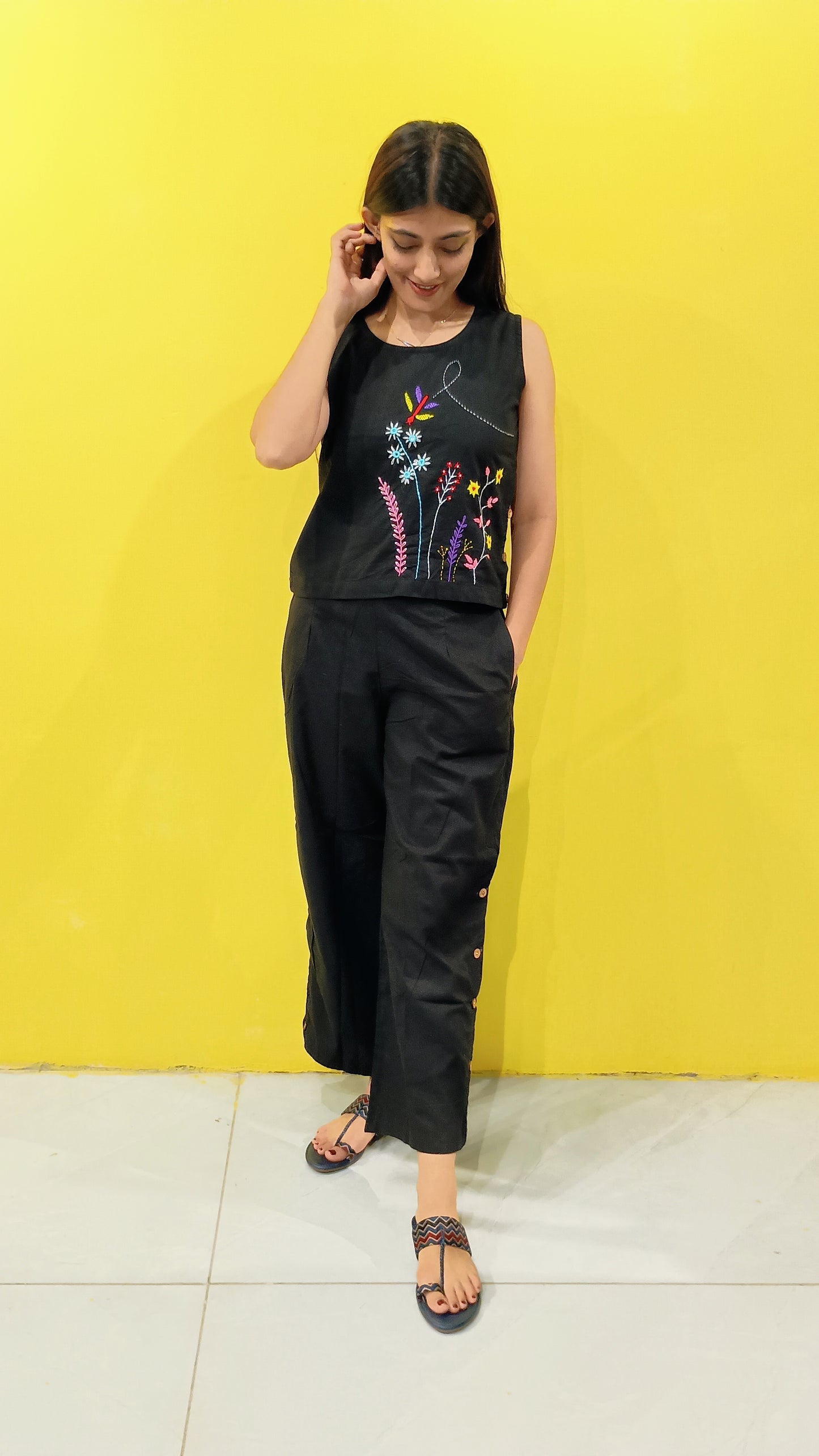 "Purvi"Black Plain cotton handwork co-ord set