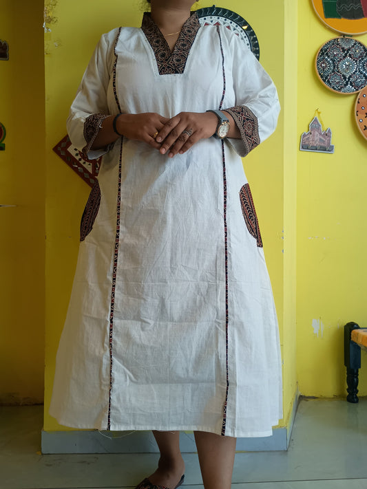 "Hemali" White  Plain a line long a line kurti with handwork