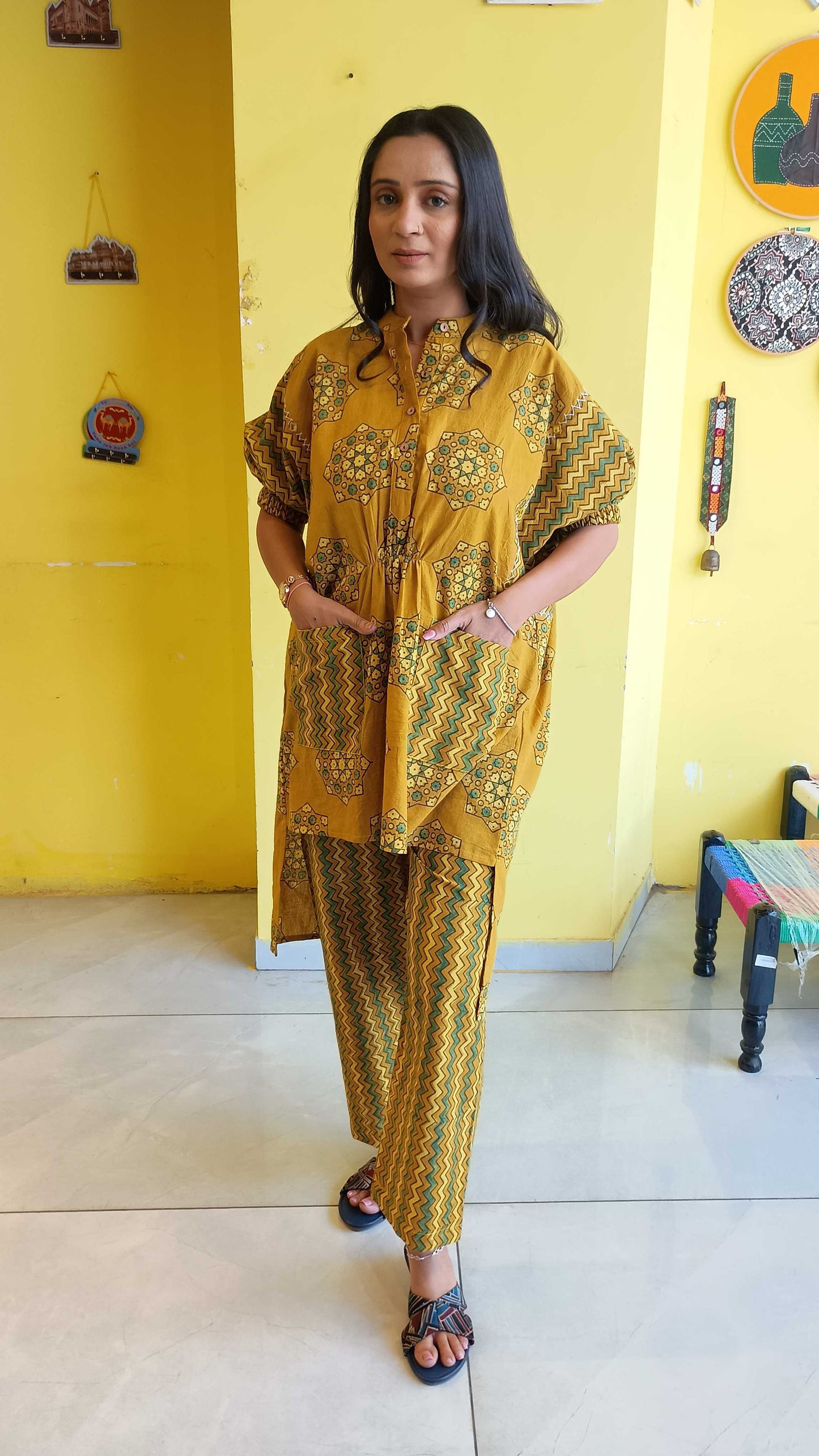"Kimono"yellow natural handblock cotton co-ord sets