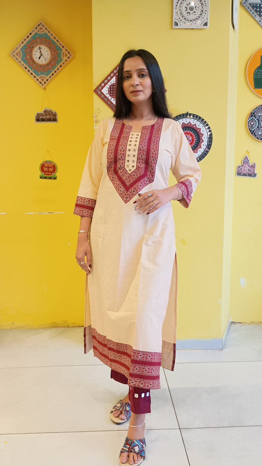 *Viha* Plain pure cotton mirror work long straight kurti