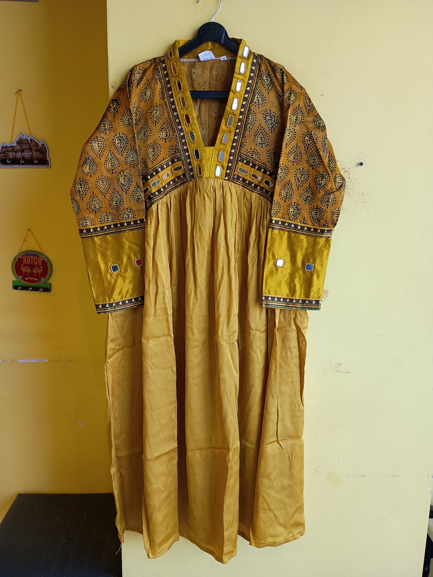"Alia" yellow Mashroo with modal mirror work alia cut kurti