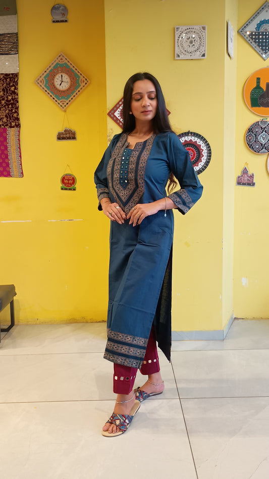 *Viha* Plain pure cotton mirror work long straight kurti