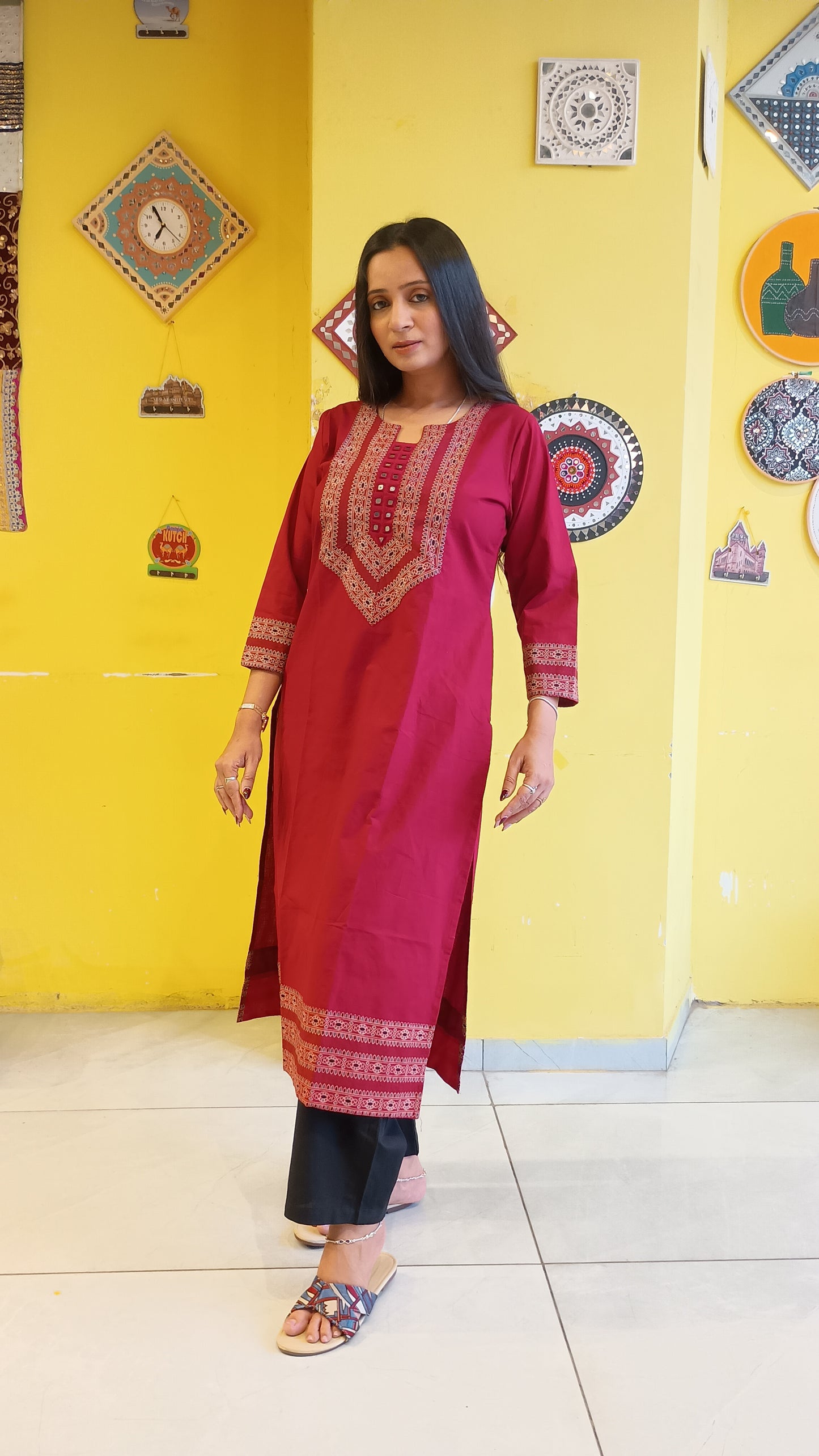 *Viha* Plain pure cotton mirror work long straight kurti