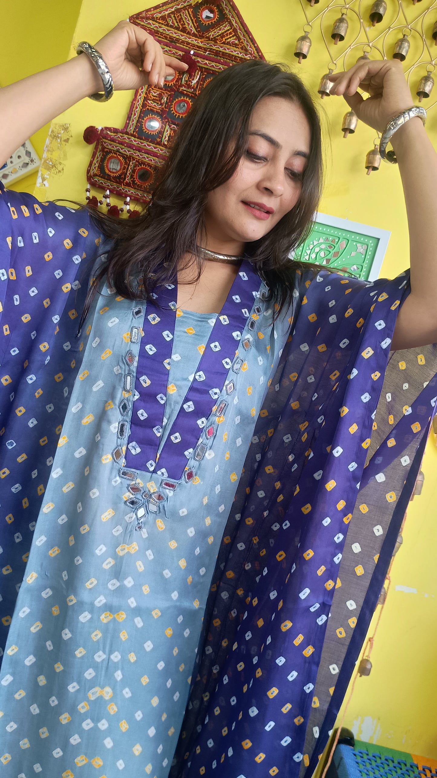 "Noor" Pink Modal Bandhani with sibori print Kaftan