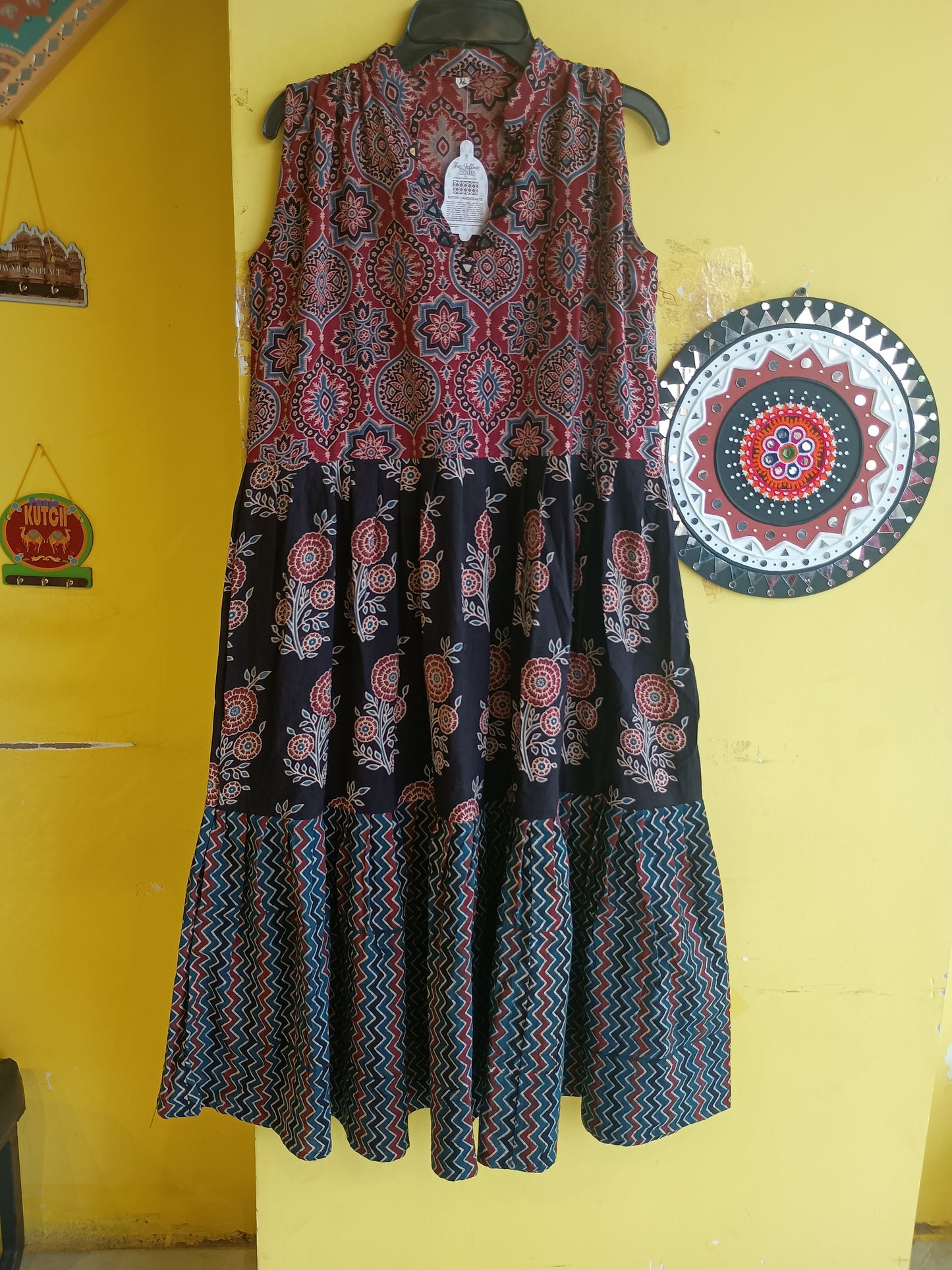 *Kriti* natural handblock frock style mirror work kurti