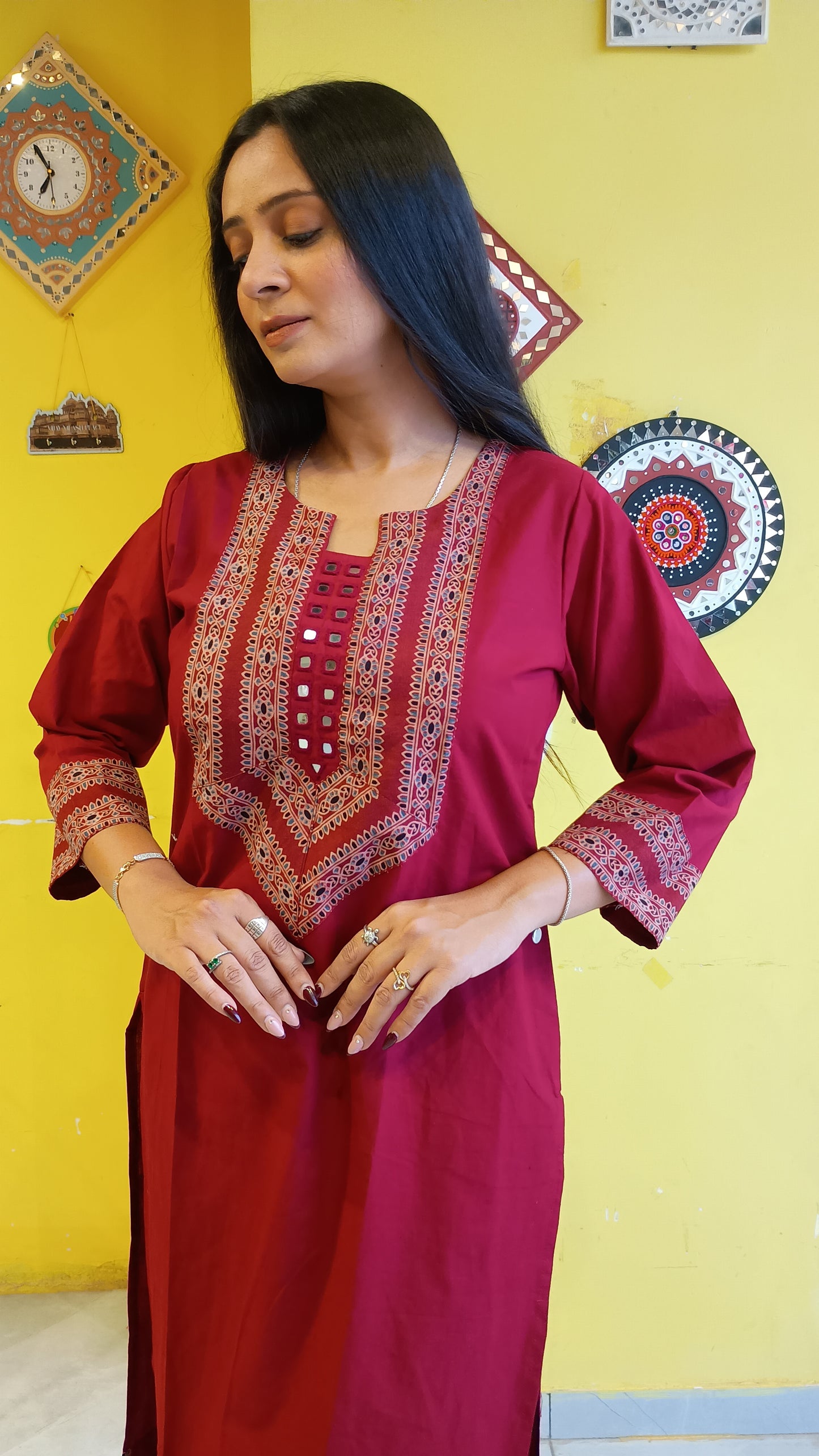 *Viha* Plain pure cotton mirror work long straight kurti
