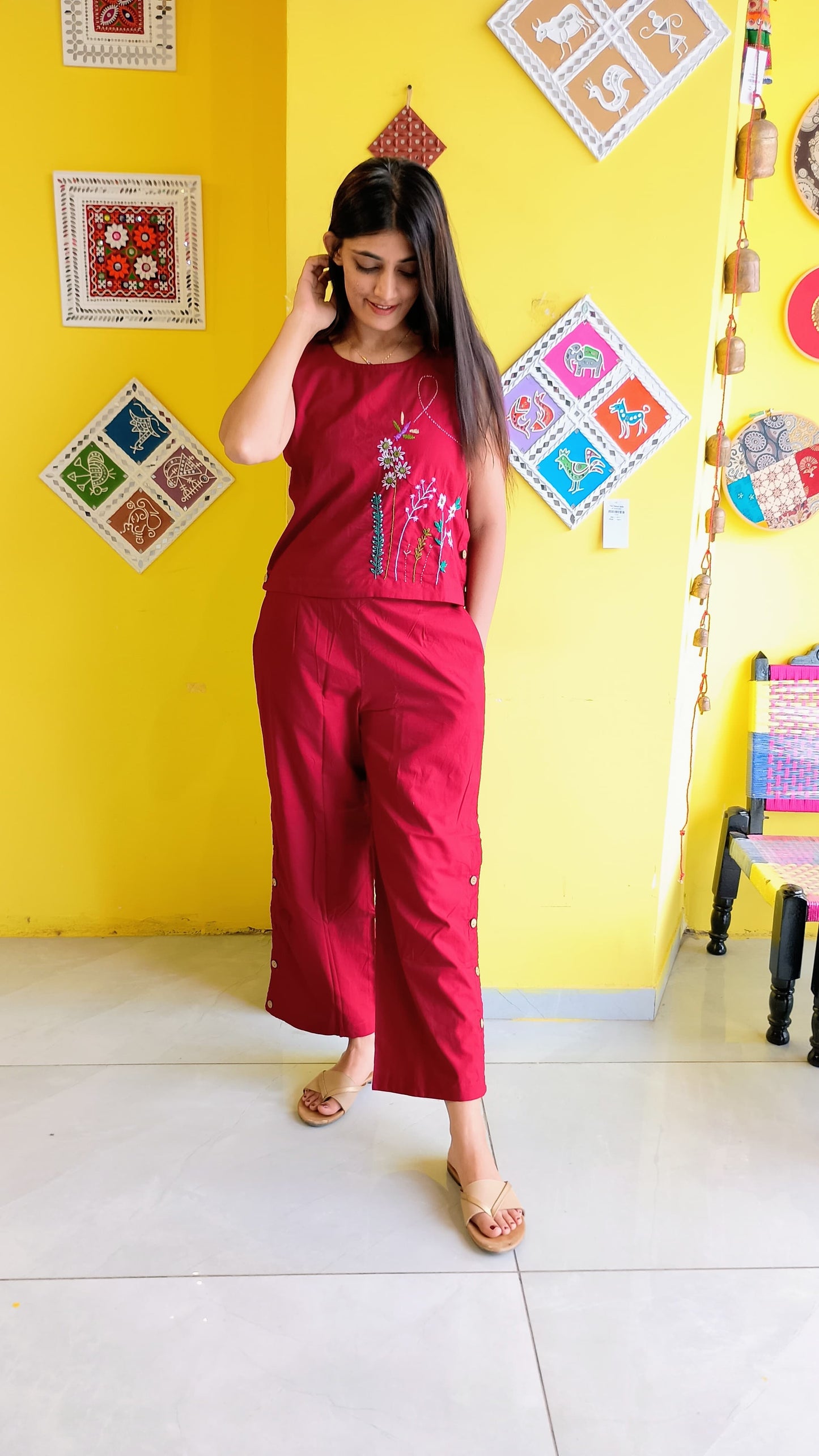 "purvi"Maroon Plain cotton handwork co-ord set