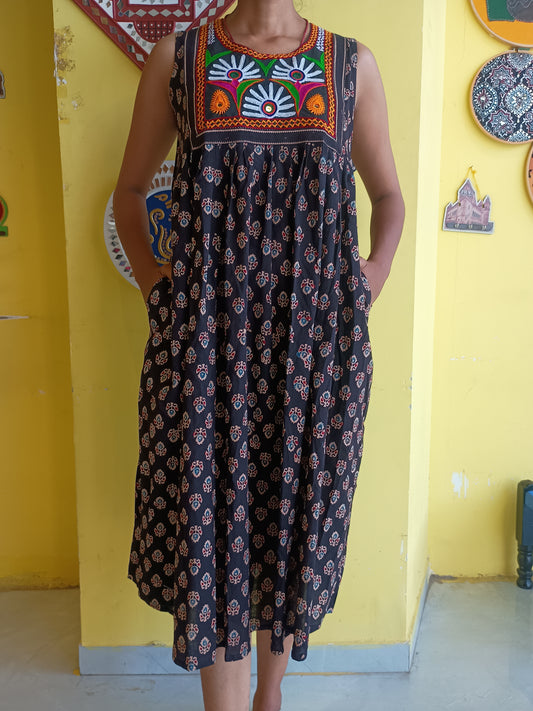 *Arushi* natural handblock cotton frock style kurti with hand work patch