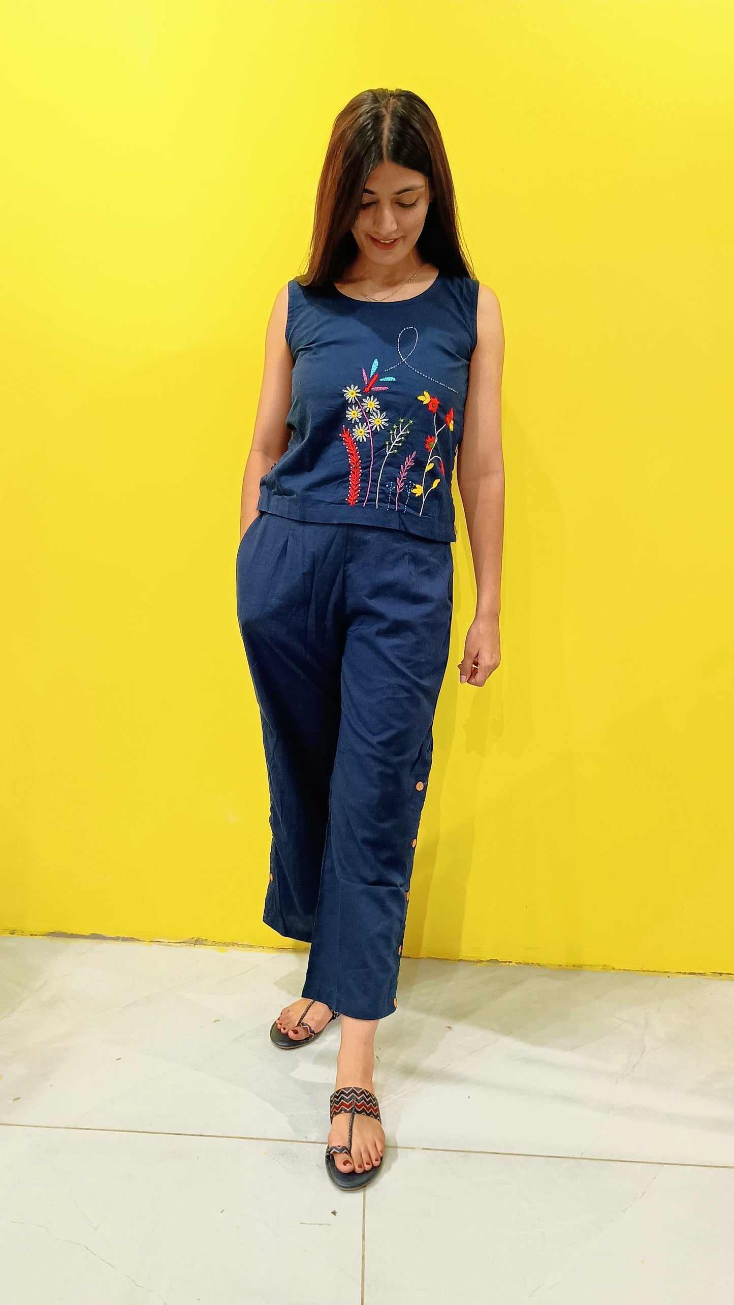 "Purvi"Blue Plain cotton handwork co-ord set