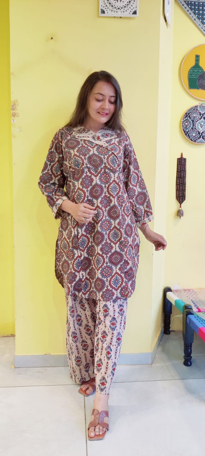 *Ashwini*off white natural handblock cotton kurti pant co-ord set