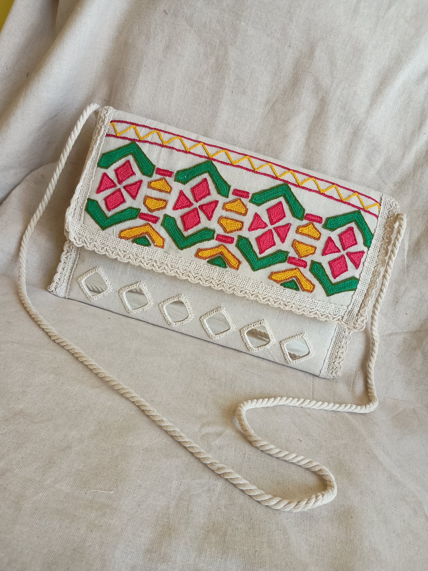 *Navita* khadi cotton mirror work sling bag