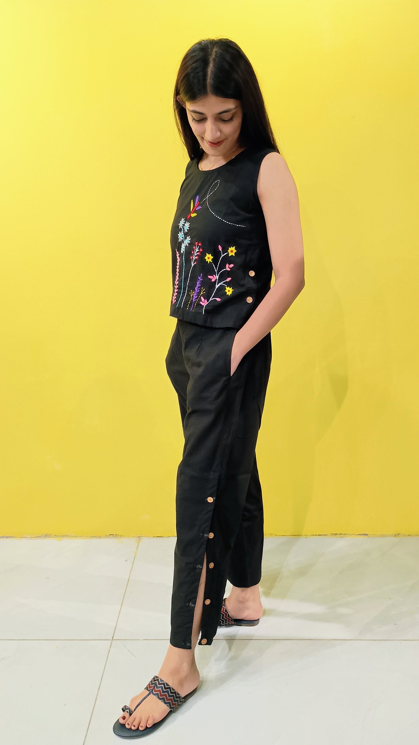 "Purvi"Black Plain cotton handwork co-ord set