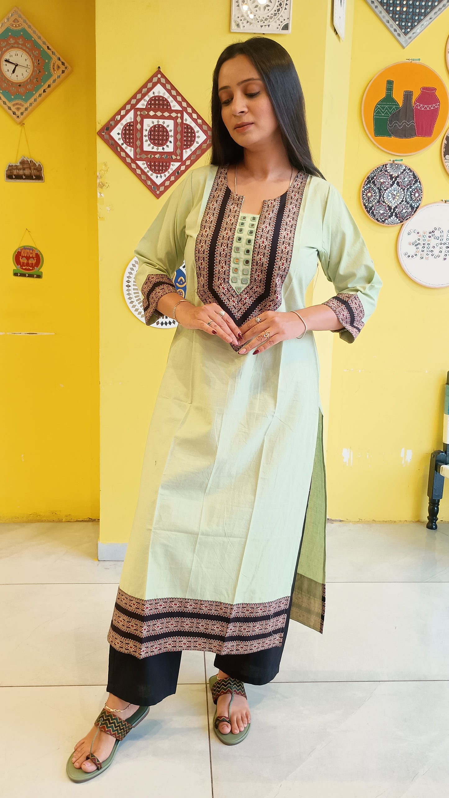 *Viha* Plain pure cotton mirror work long straight kurti