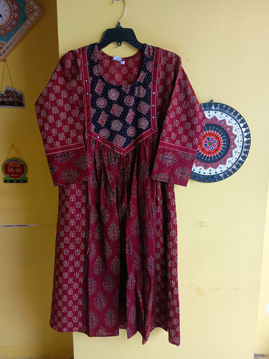 "Veena" Ajrakh handblock cotton long frock style kurti