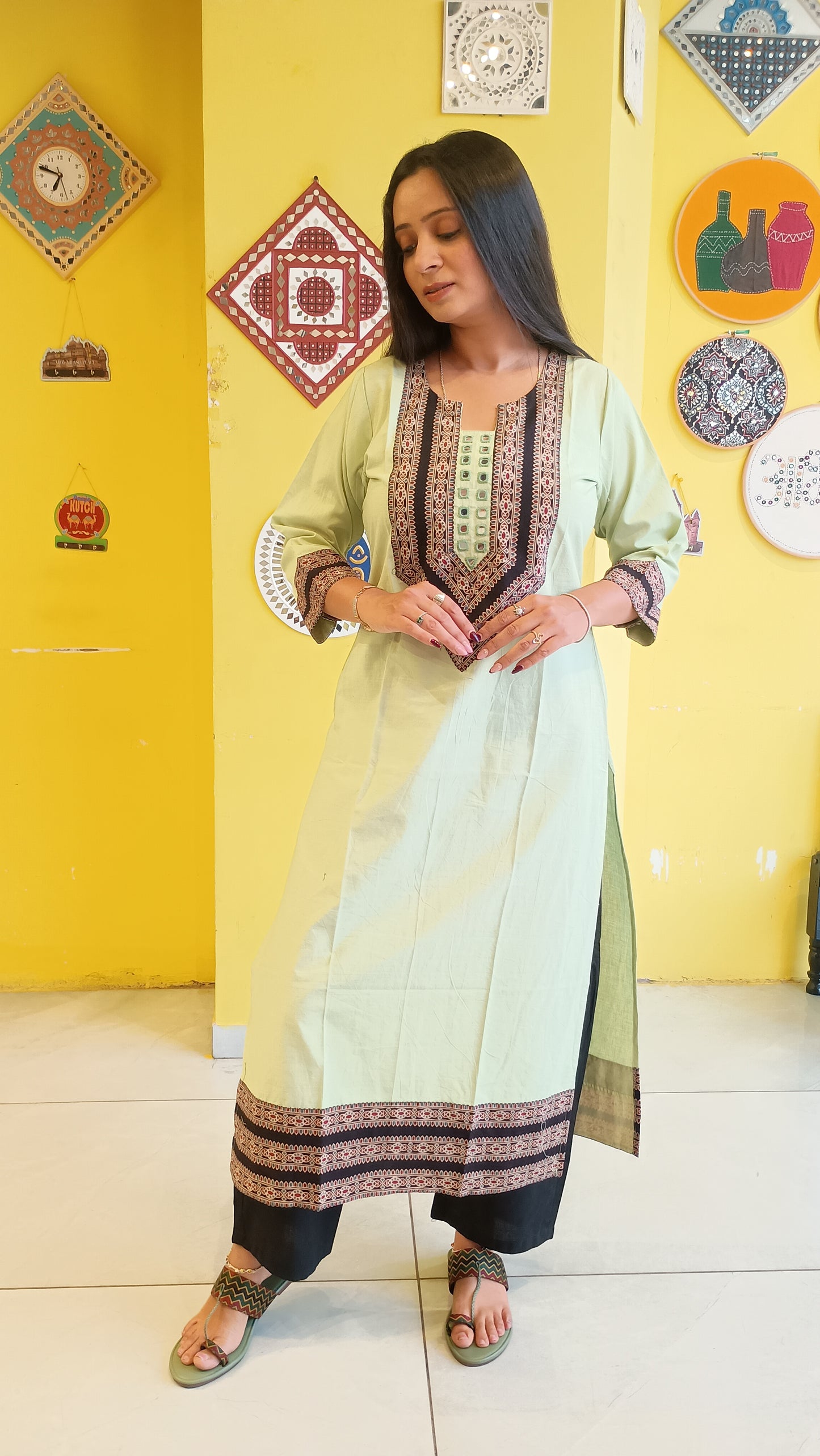 *Viha* Plain pure cotton mirror work long straight kurti