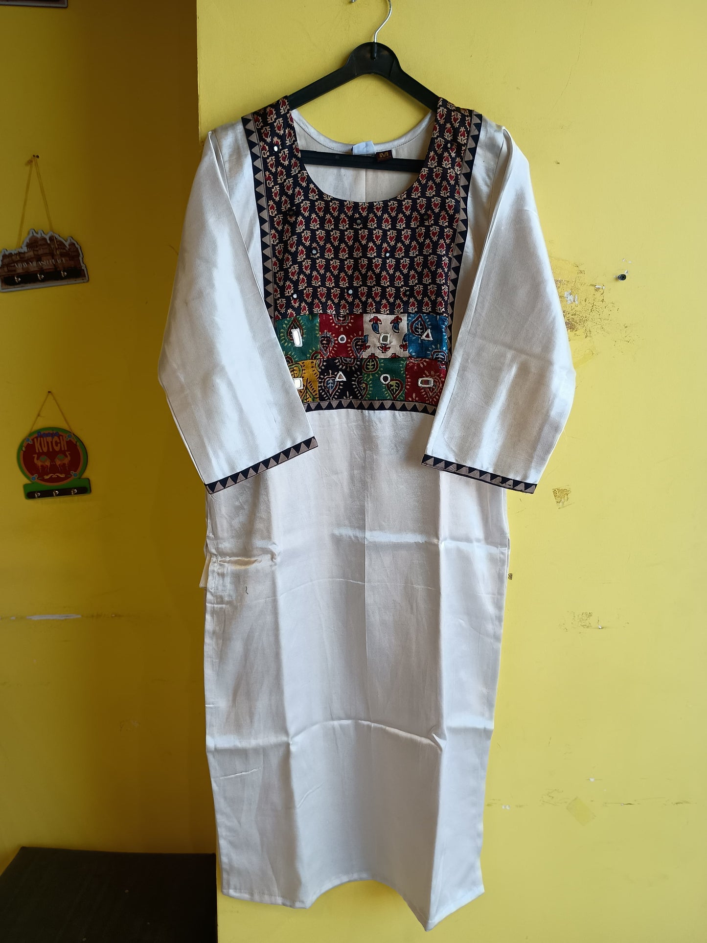 *Sanchita*White mashroo mirror work long straight kurti