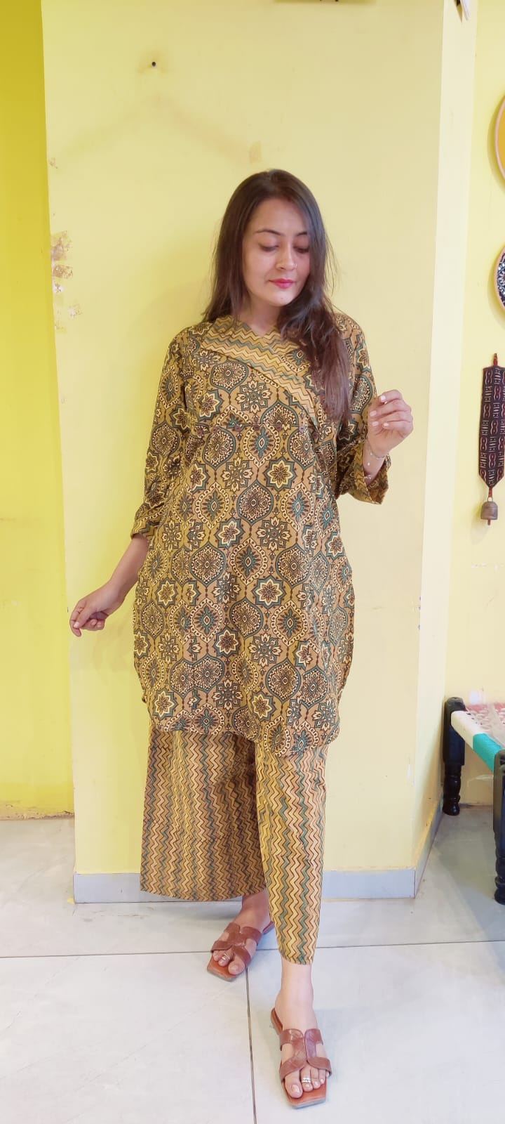 *Ashwini*Yellow Natural handblock cotton kurti pant co-ord set