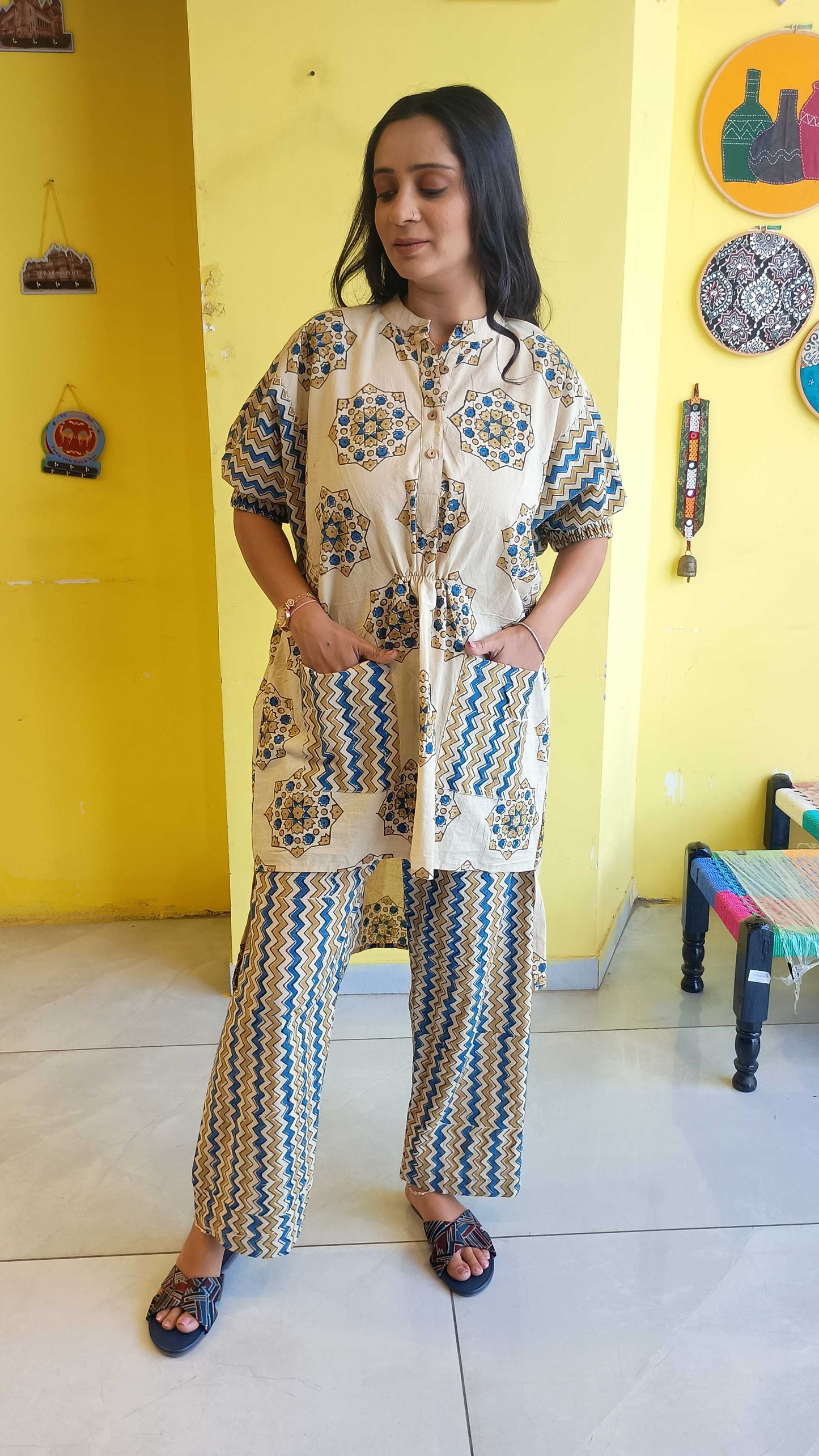 *Anisha* natural handblock cotton kimono sleeves co-ord set