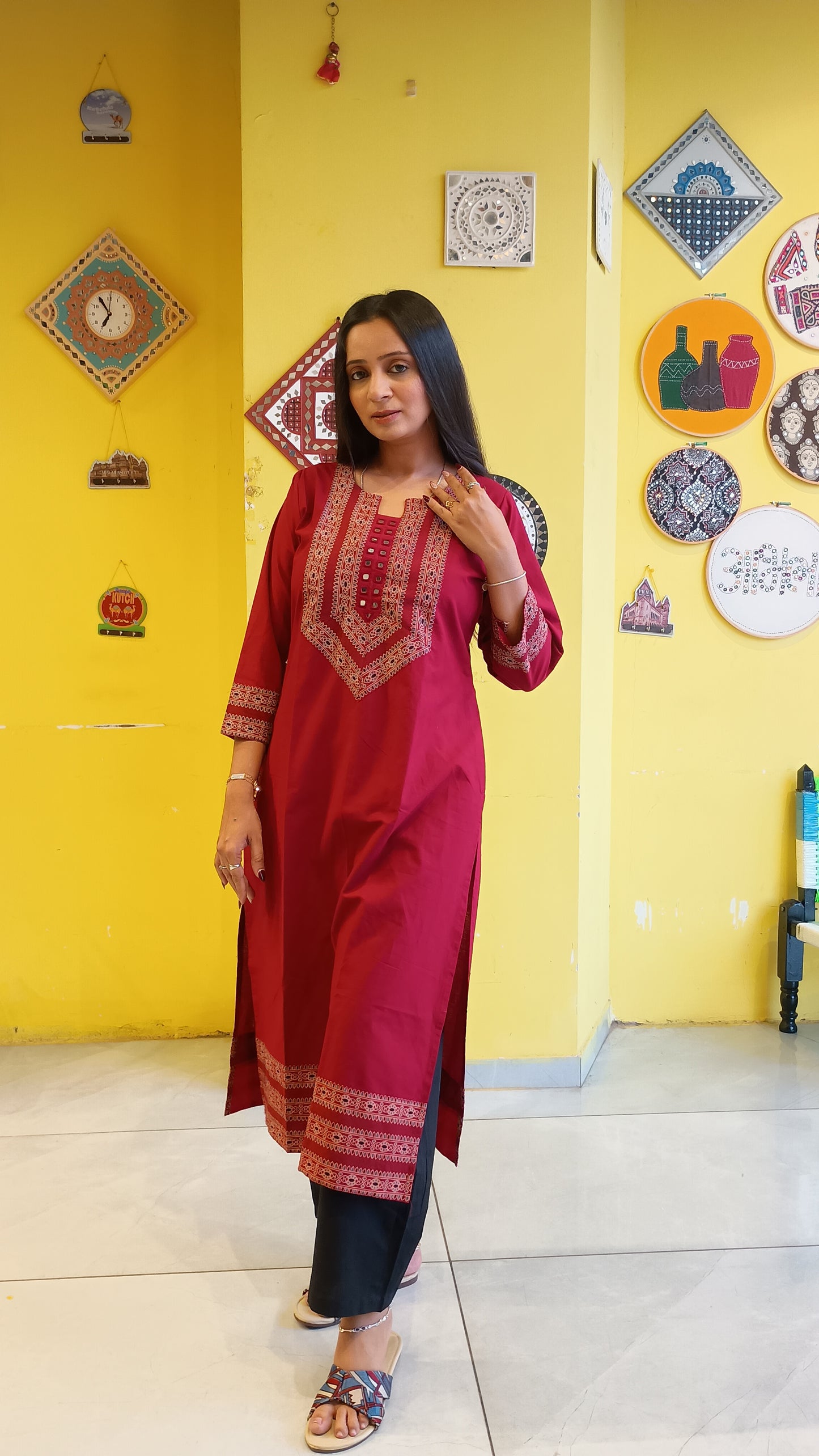 *Viha* Plain pure cotton mirror work long straight kurti
