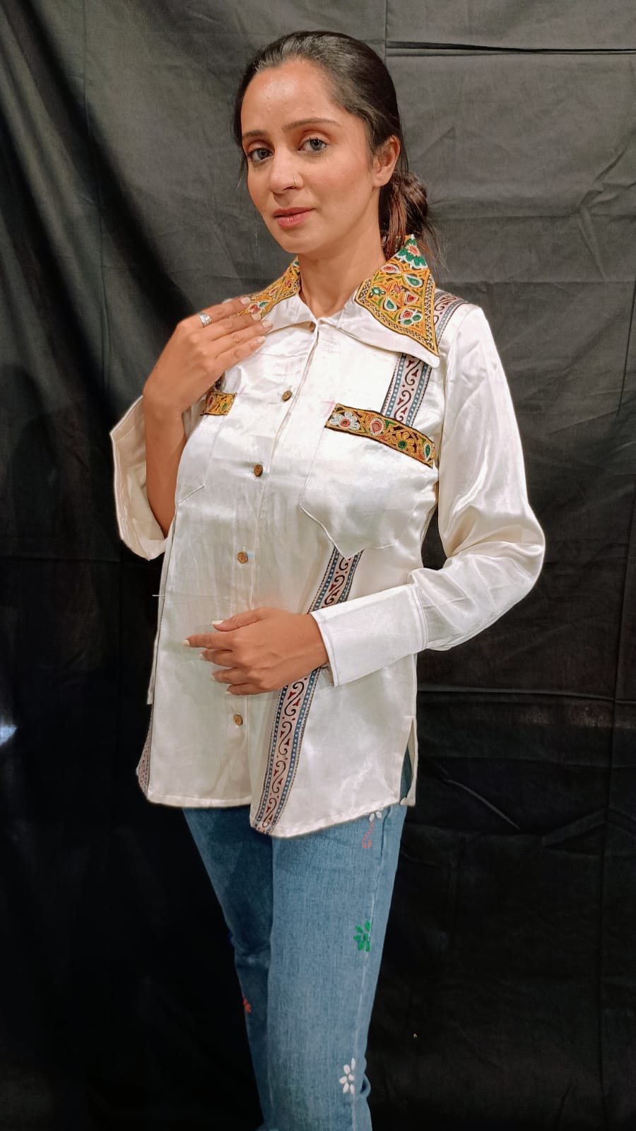 "EMI" WHITE PLAIN MASHRU WOMEN SHIRT