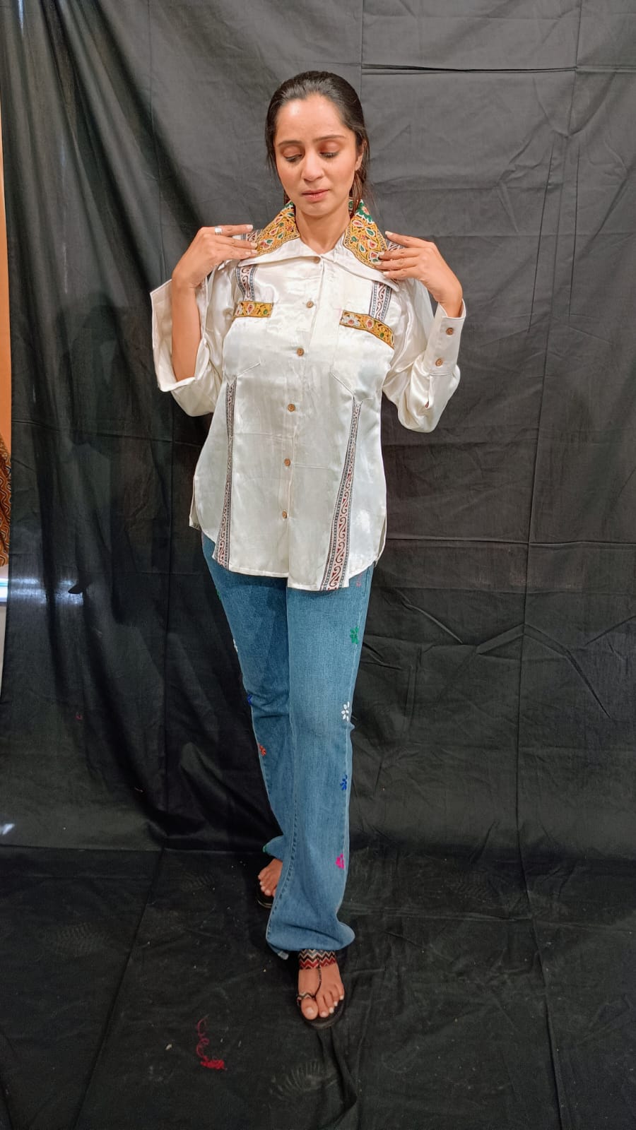 "EMI" WHITE PLAIN MASHRU WOMEN SHIRT