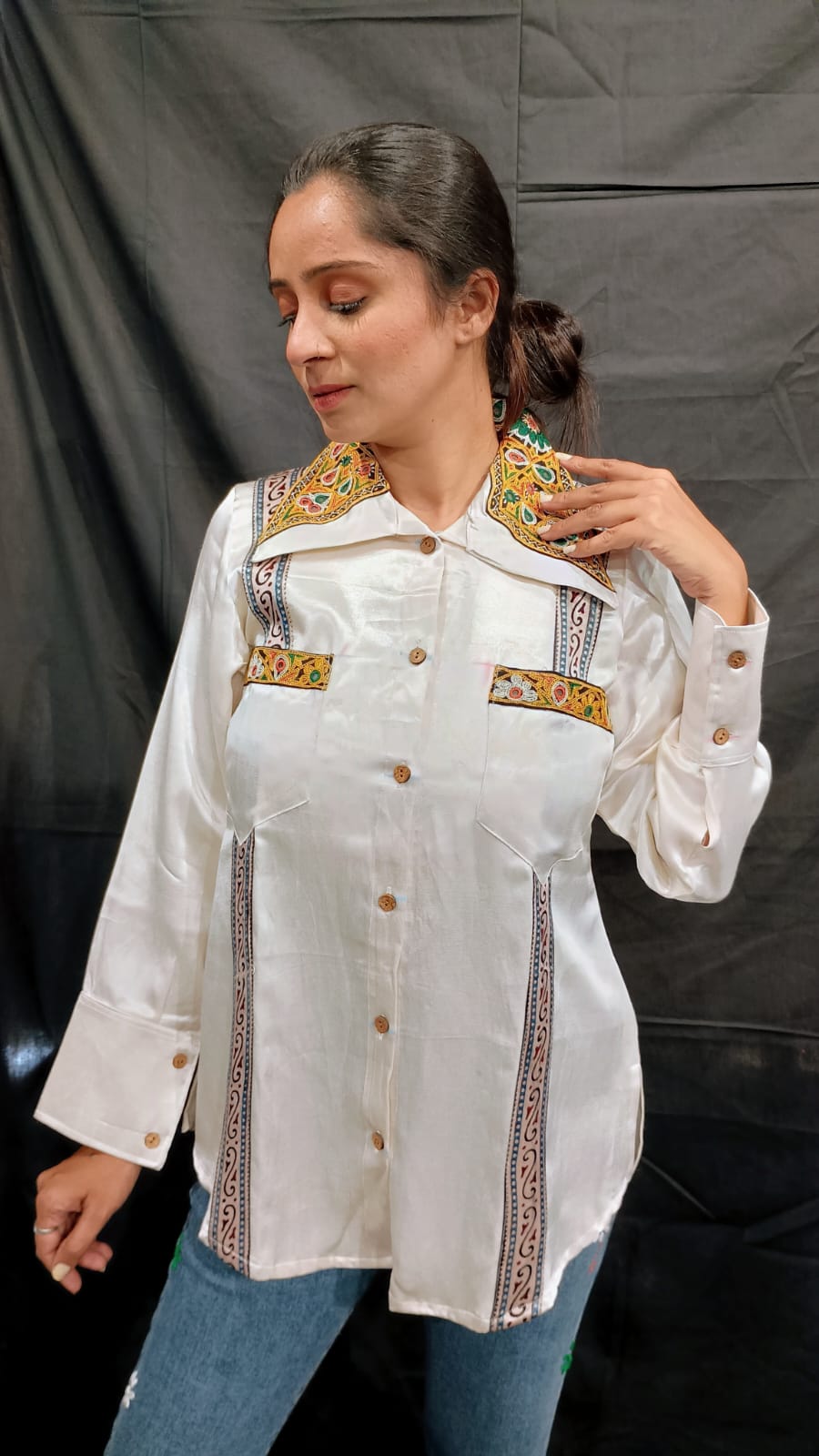 "EMI" WHITE PLAIN MASHRU WOMEN SHIRT