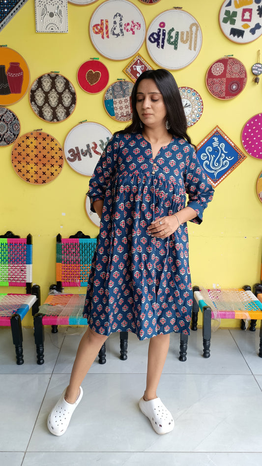 "Ridham" Blue Semi Natural frock style short kurti