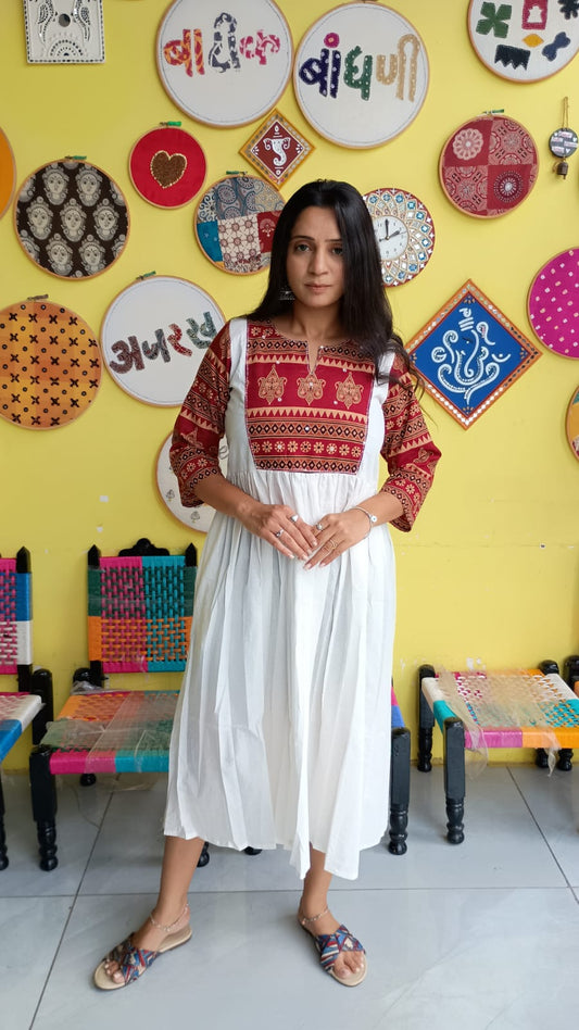 "Pratiti" White Plain cotton natural patch frock style kurti