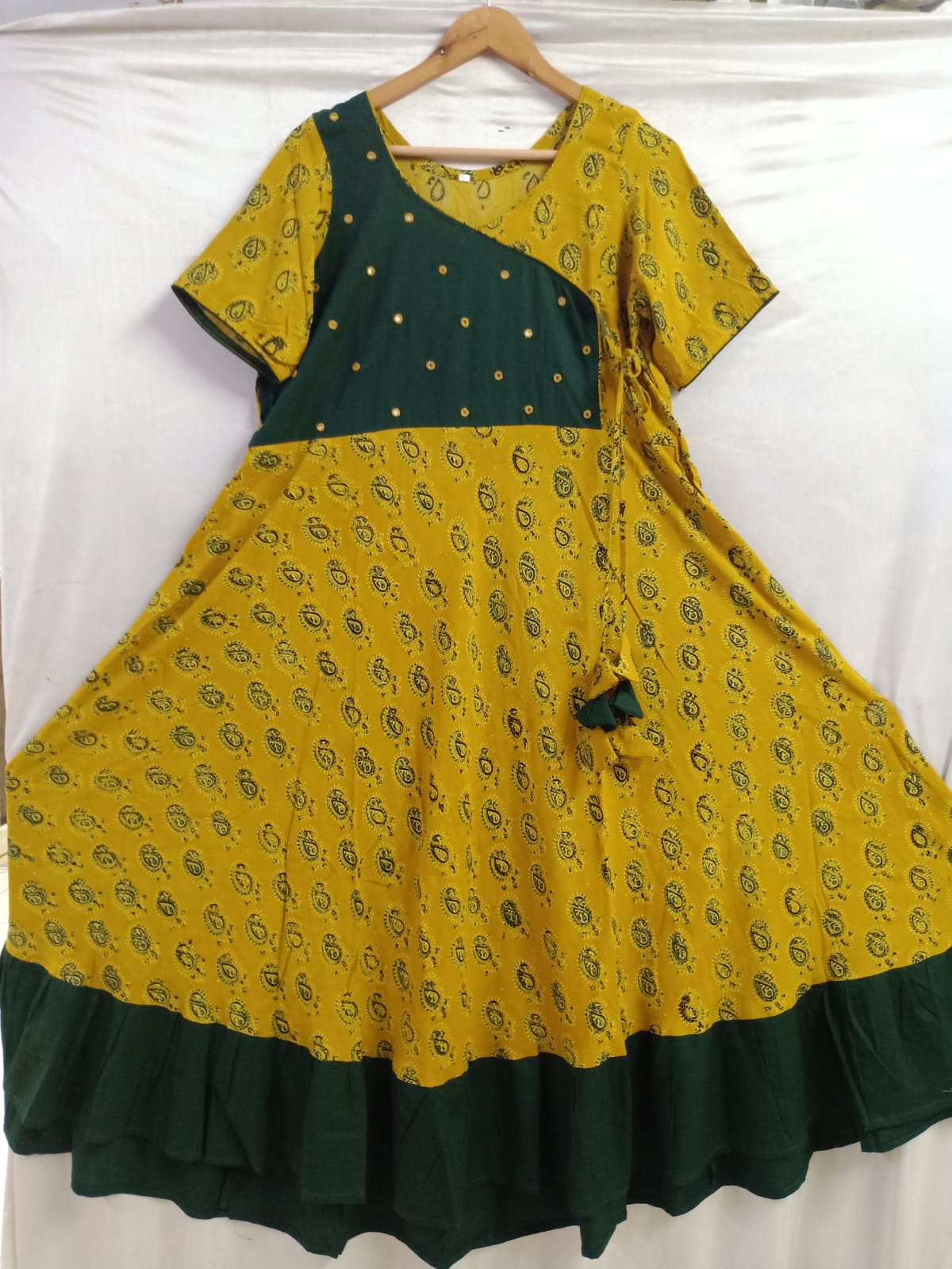 RAYON GREEN & YELLOW MIRROR WORK KURTI