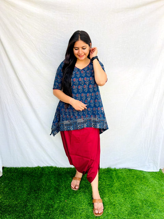 'Mayra' Blue & Maroon Natural Dhoti Co-ord set