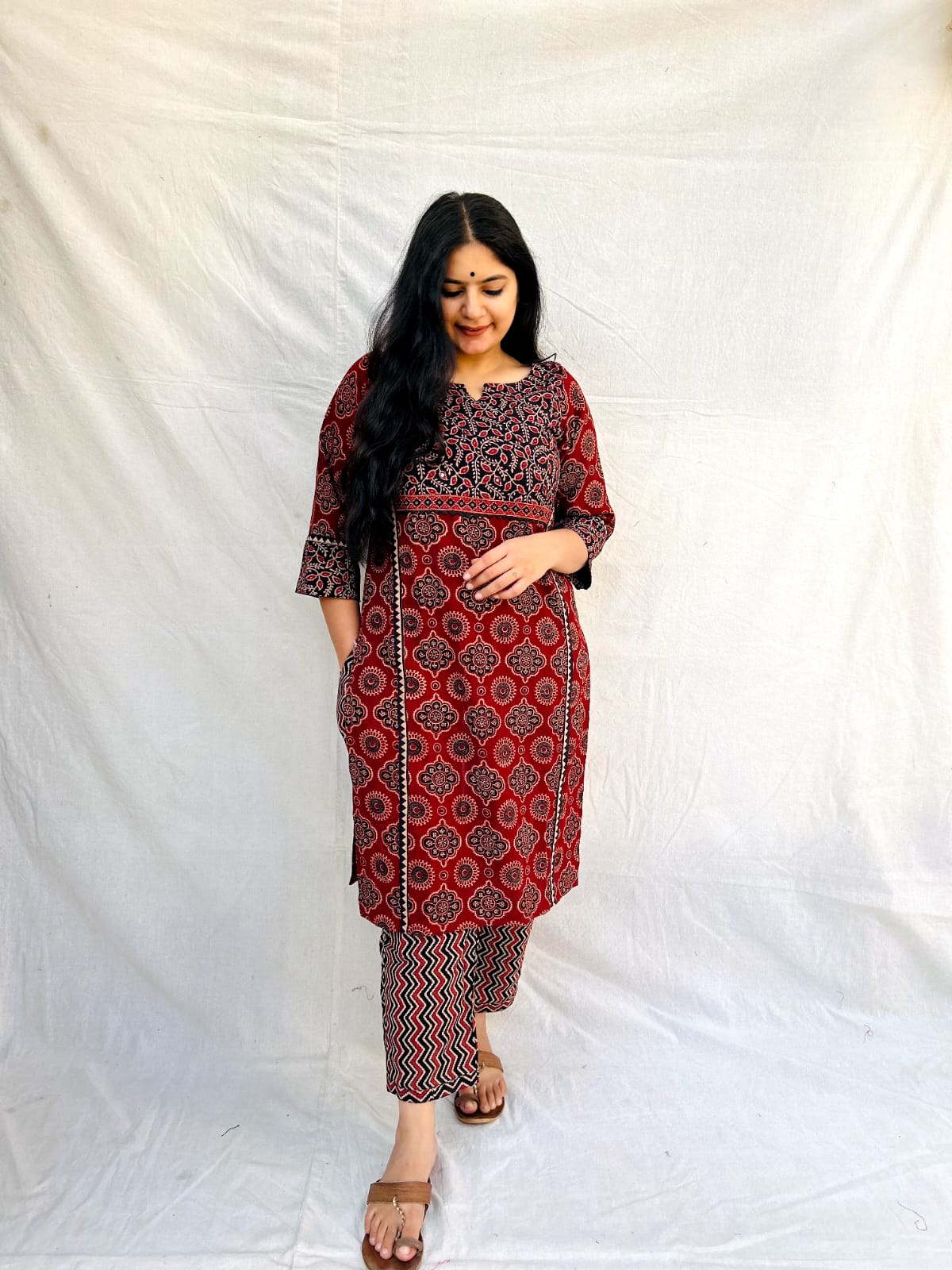 "JEEVA"AJRAKH HANDBLOCK COTTON KURTI PANT SET