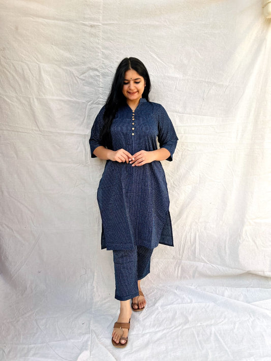 BLUE PLAIN KATHA COTTON CO-ORD STE