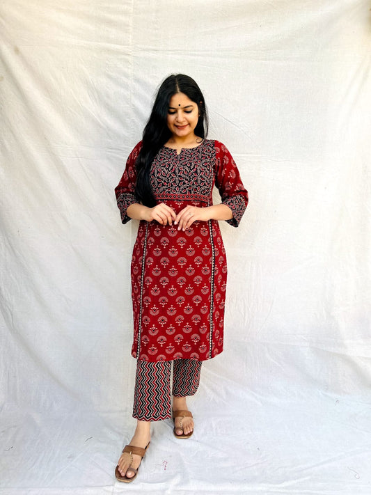 "JEEVA" PURE COTTON MIRROR WORK KURTI PANT SET