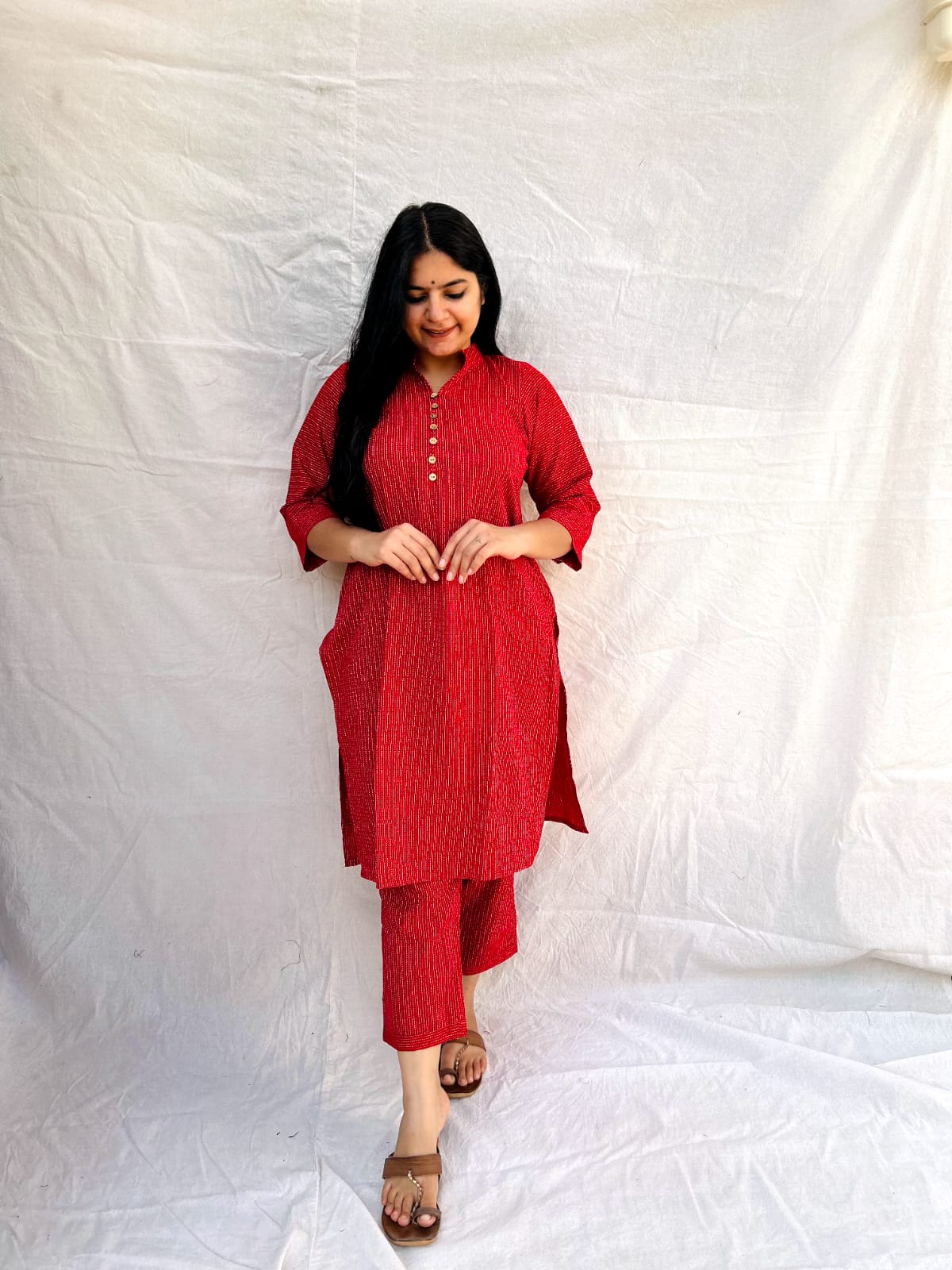 RED PLAIN KATHA COTTON O-ORD SET